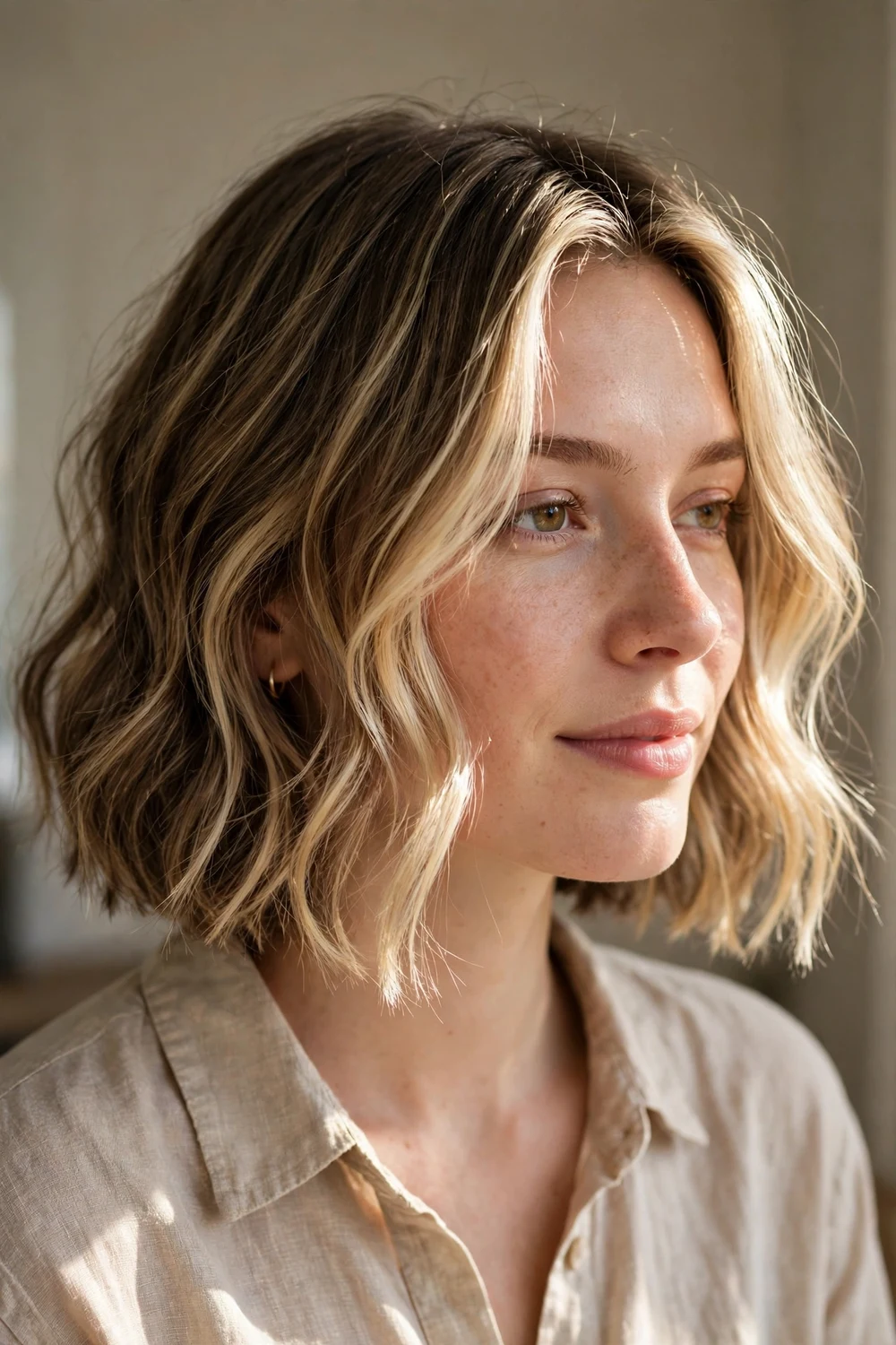 Wavy chin-length bob with bright face-framing highlights