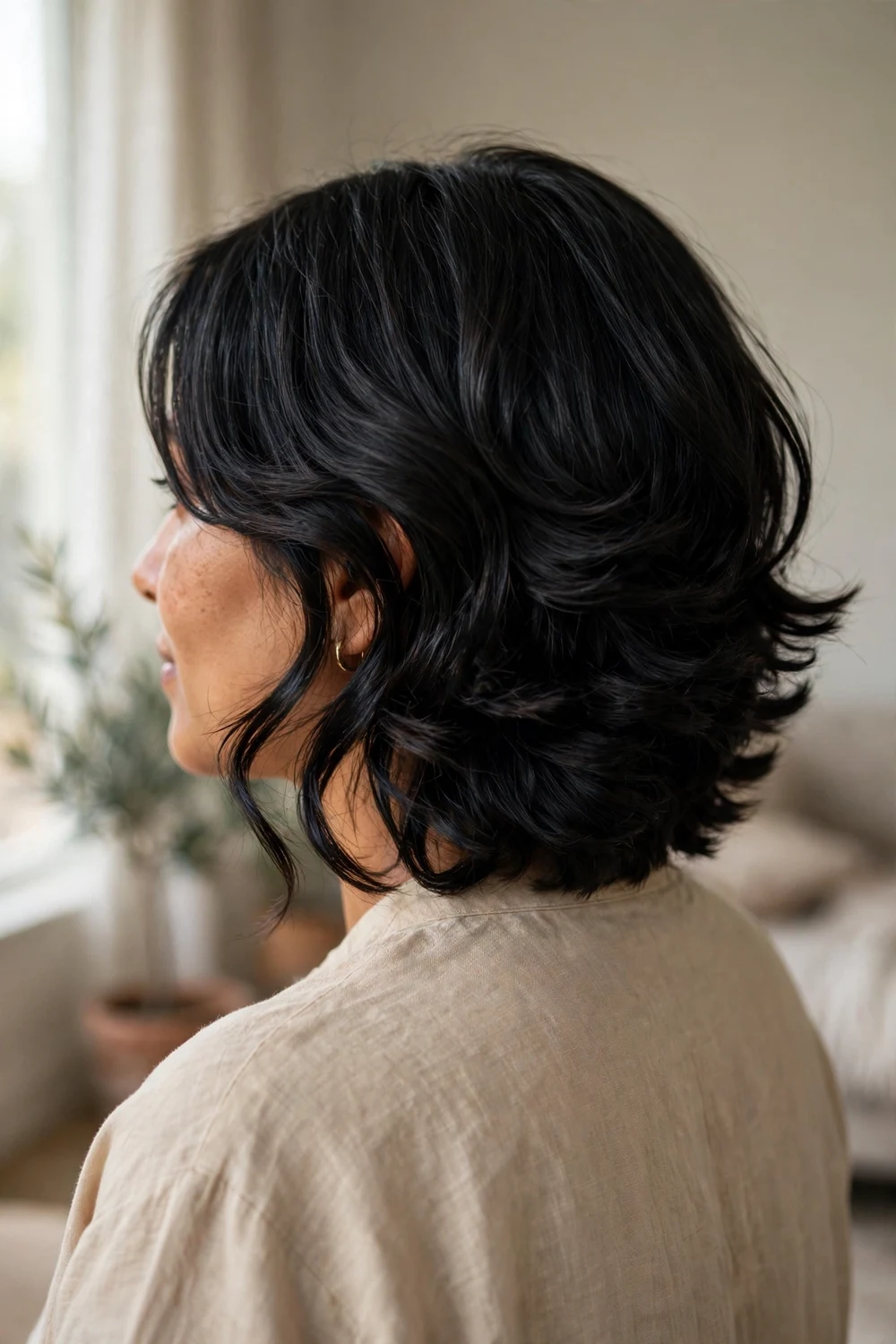 Wavy inverted chin bob with stacked nape layers