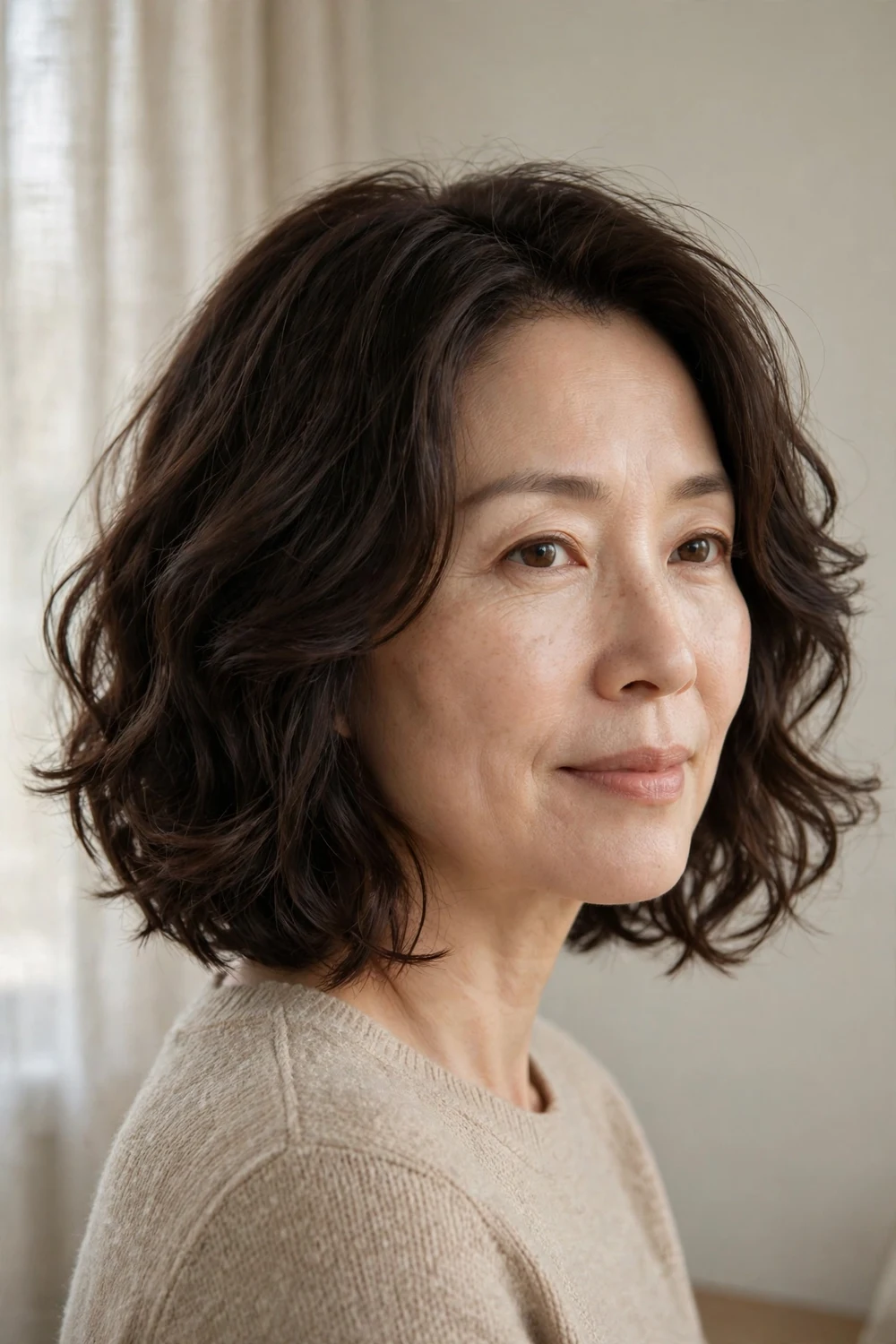 Wavy layered chin-length bob with soft internal layers