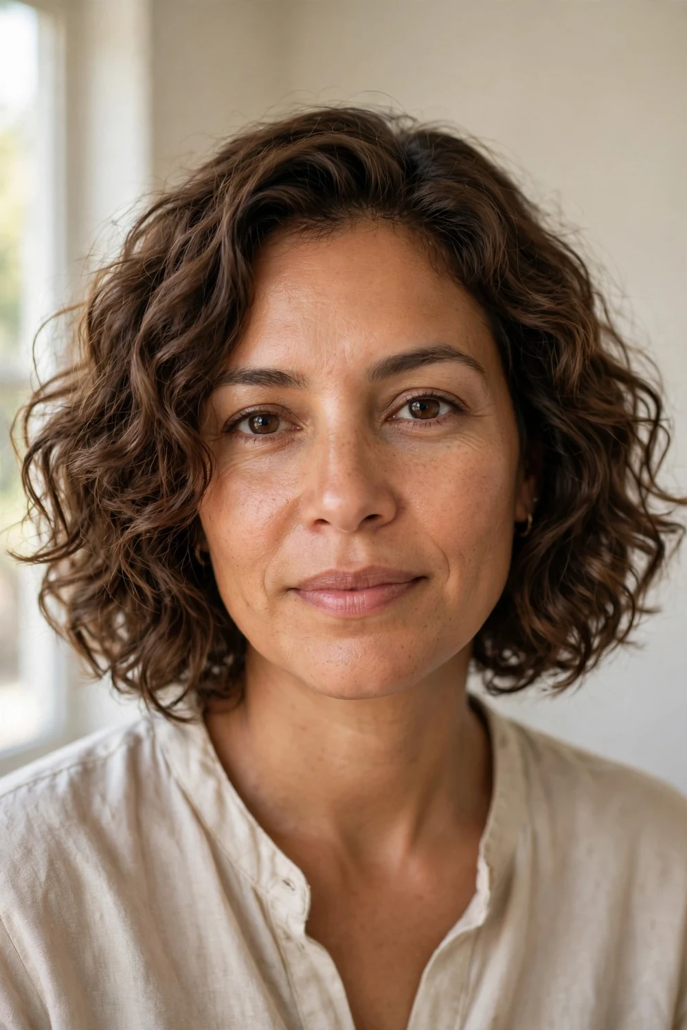 Loose curly-wavy chin-length bob with soft defined curls