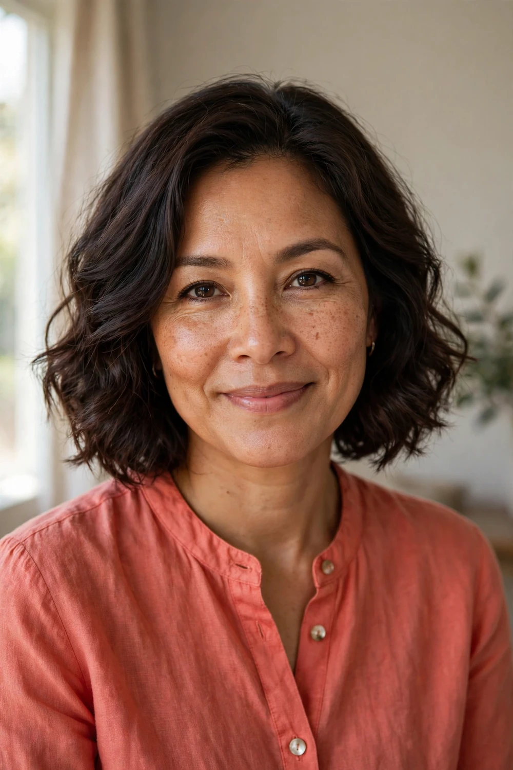 Latina woman in her mid 40s with a chin-length wavy bob in dark chocolate brown hair