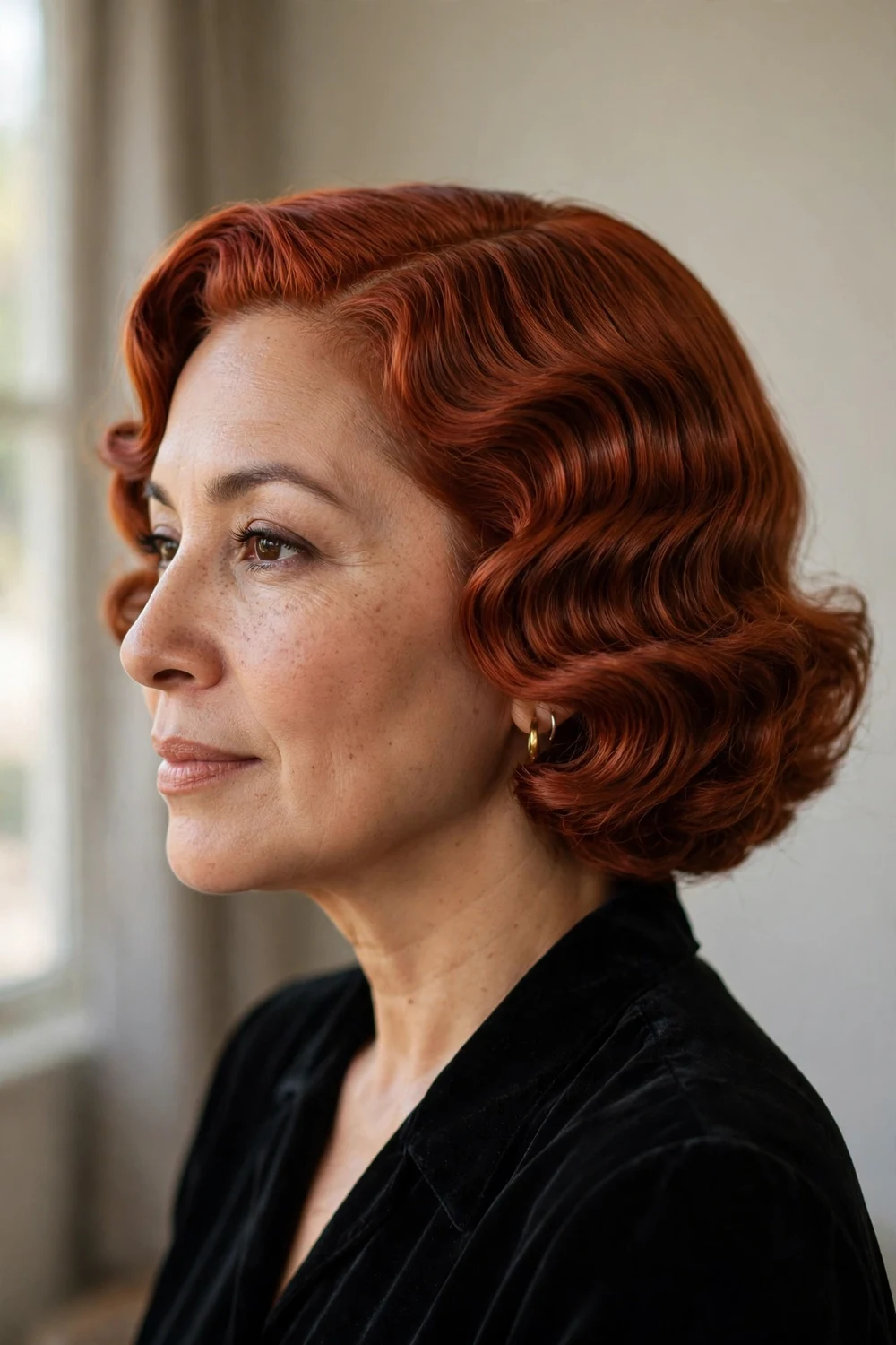 Retro wave chin-length bob with sculpted vintage waves
