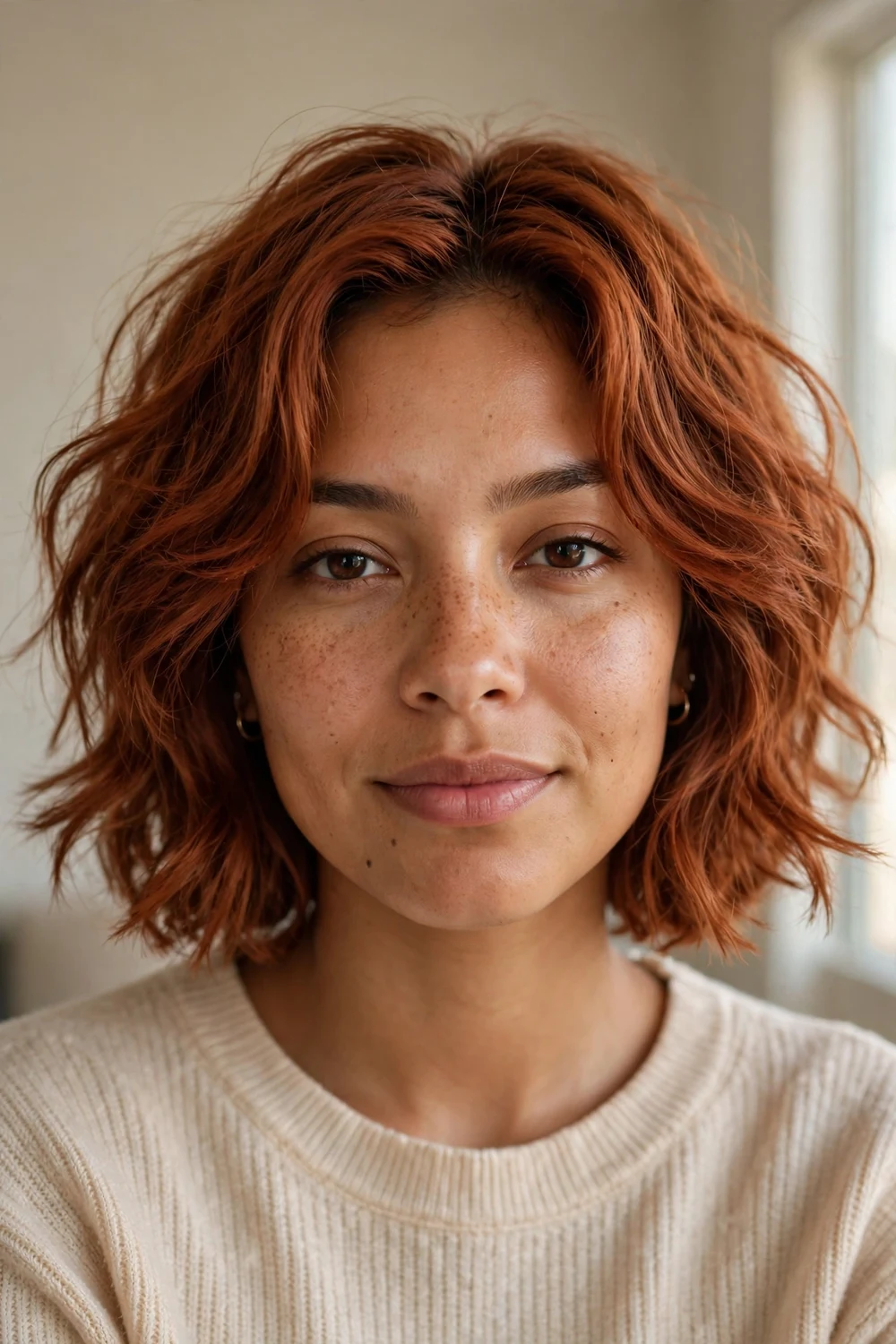 Shaggy wavy chin-length bob with choppy layers in copper