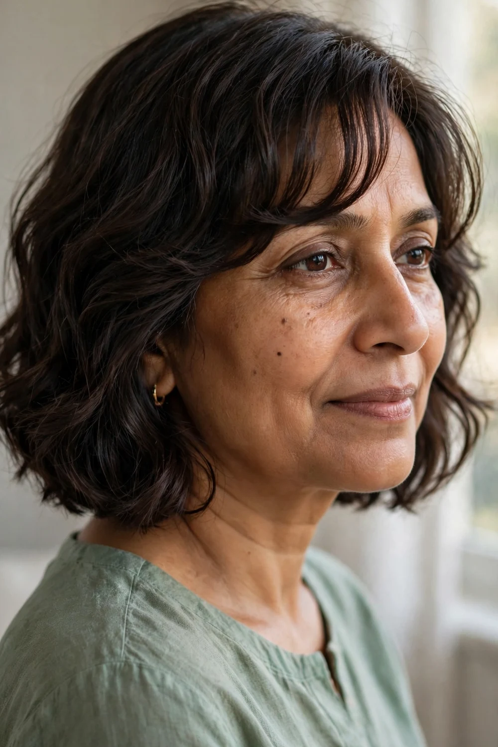 Wavy chin-length bob with soft side-swept bangs