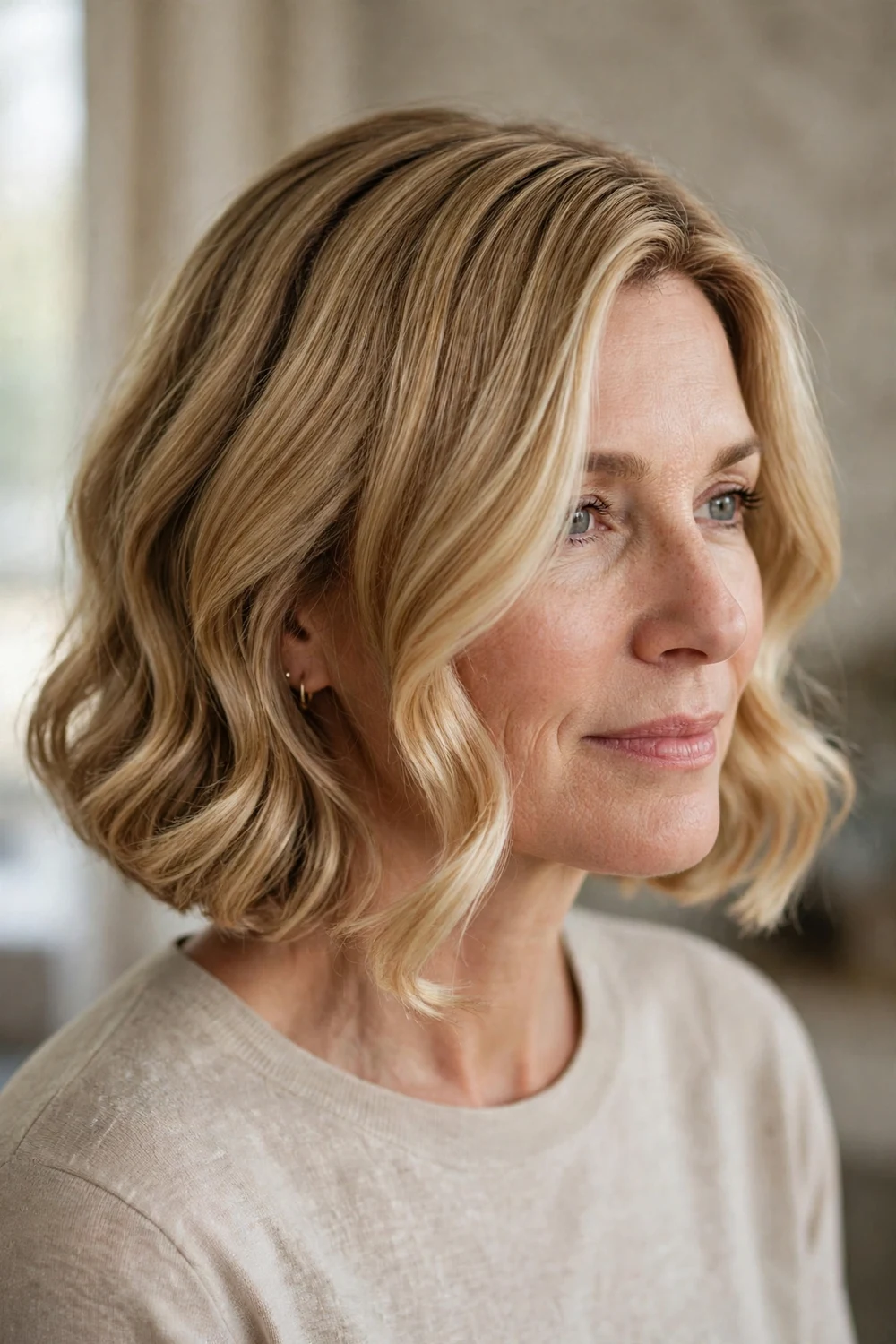 Deep side-part wavy chin-length bob in honey blonde