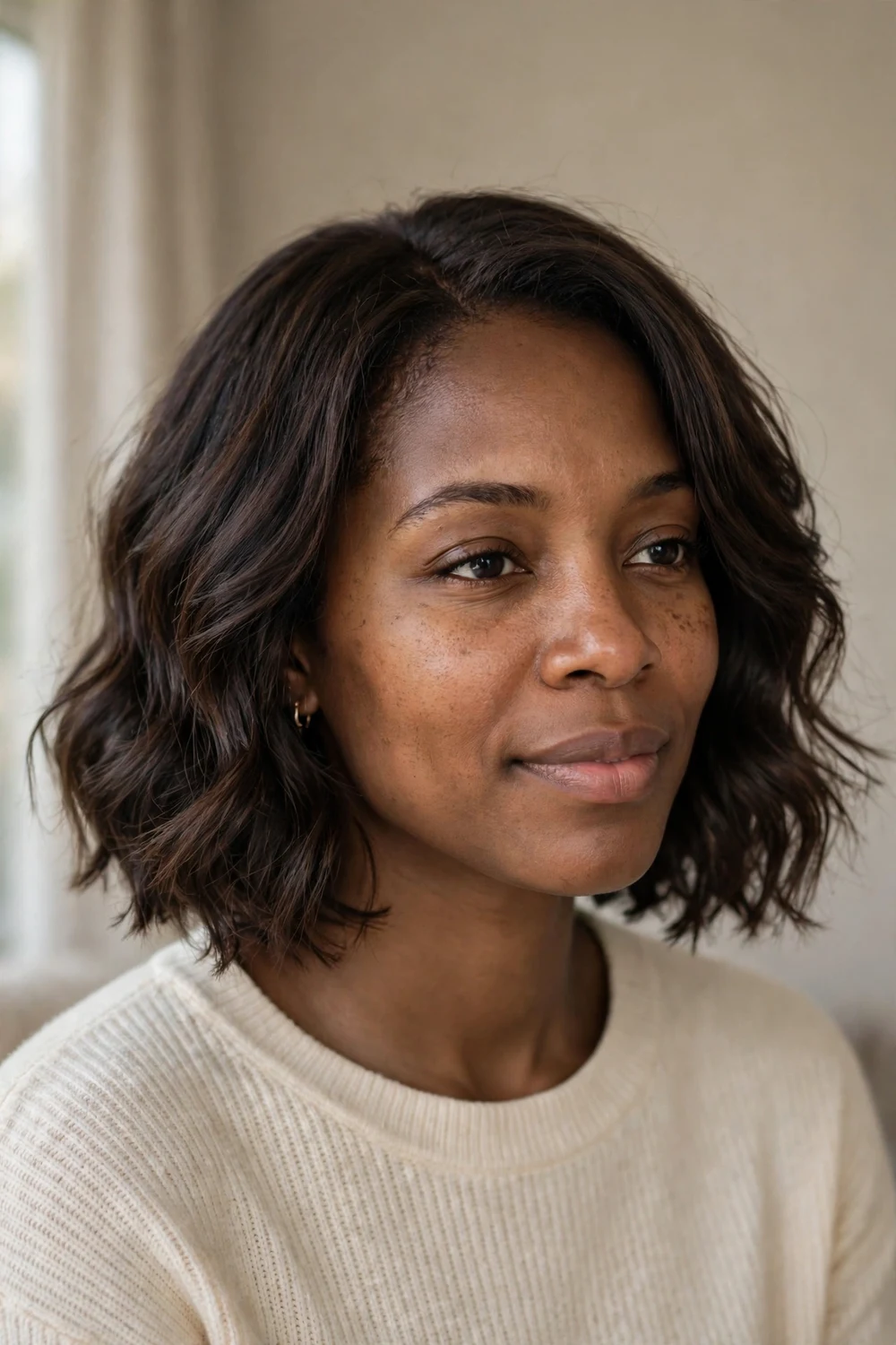 Wavy chin-length bob for thick hair with textured thinned ends