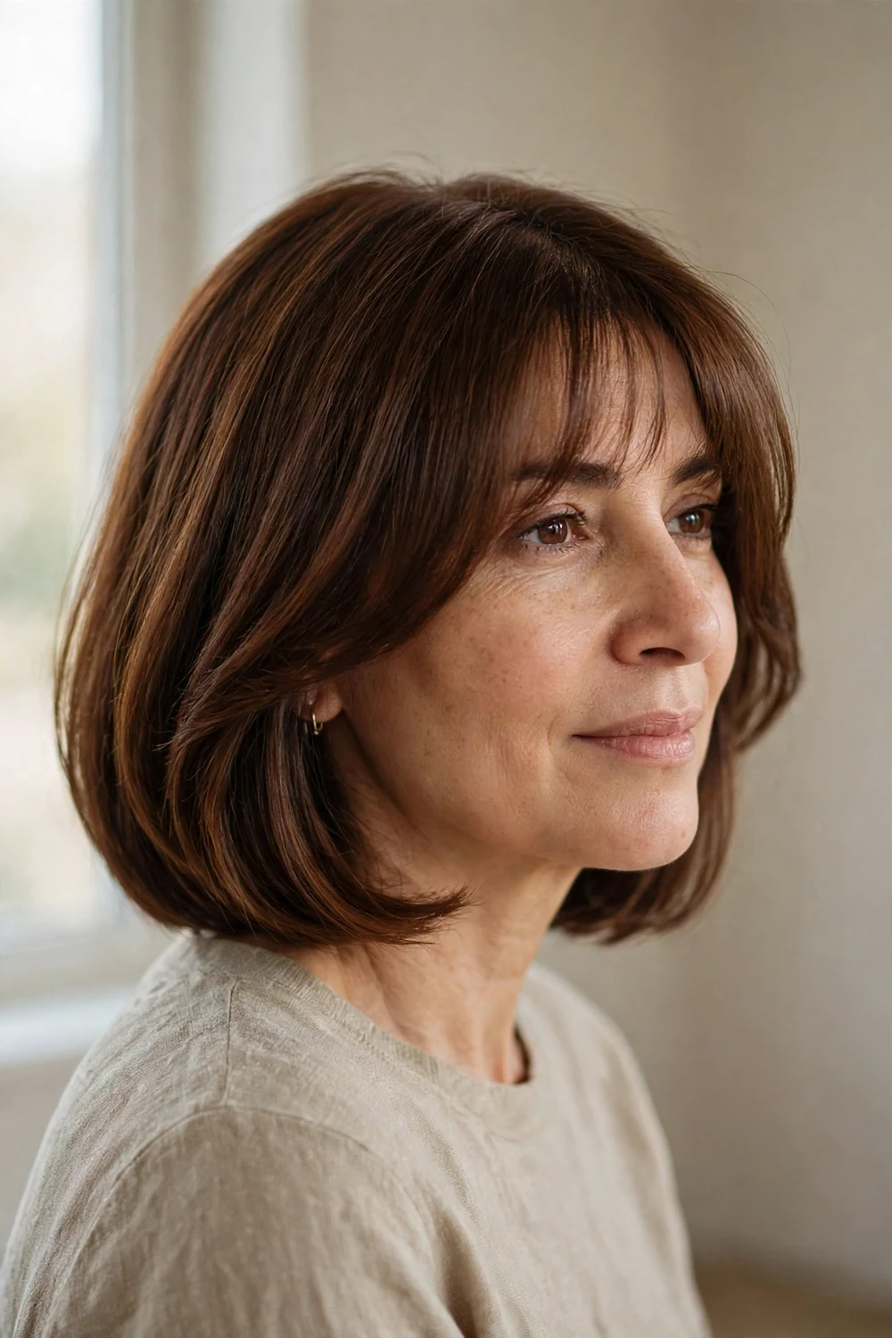 Woman with chin-to-jaw length bottleneck bob