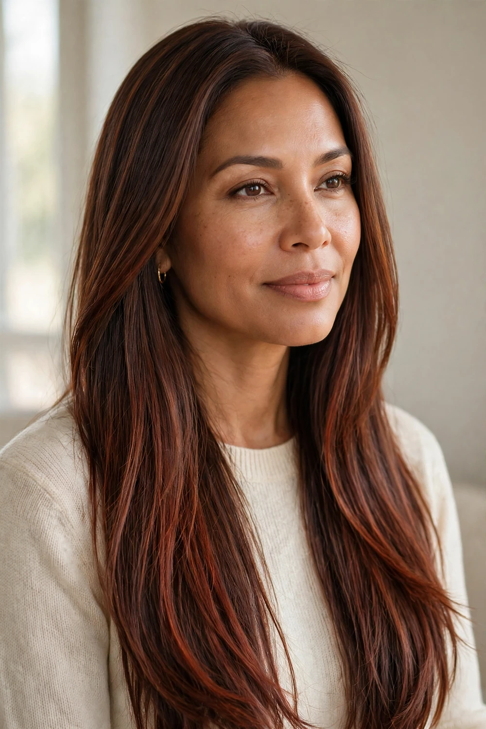 Long straight chocolate brown hair with auburn balayage blended through the lengths