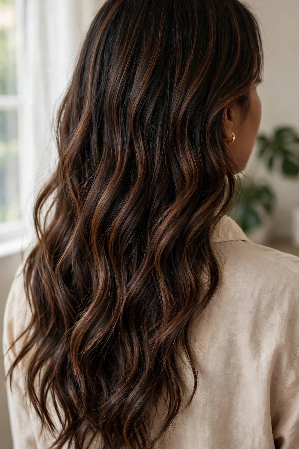 Back view of dark brown wavy hair with rich chocolate balayage