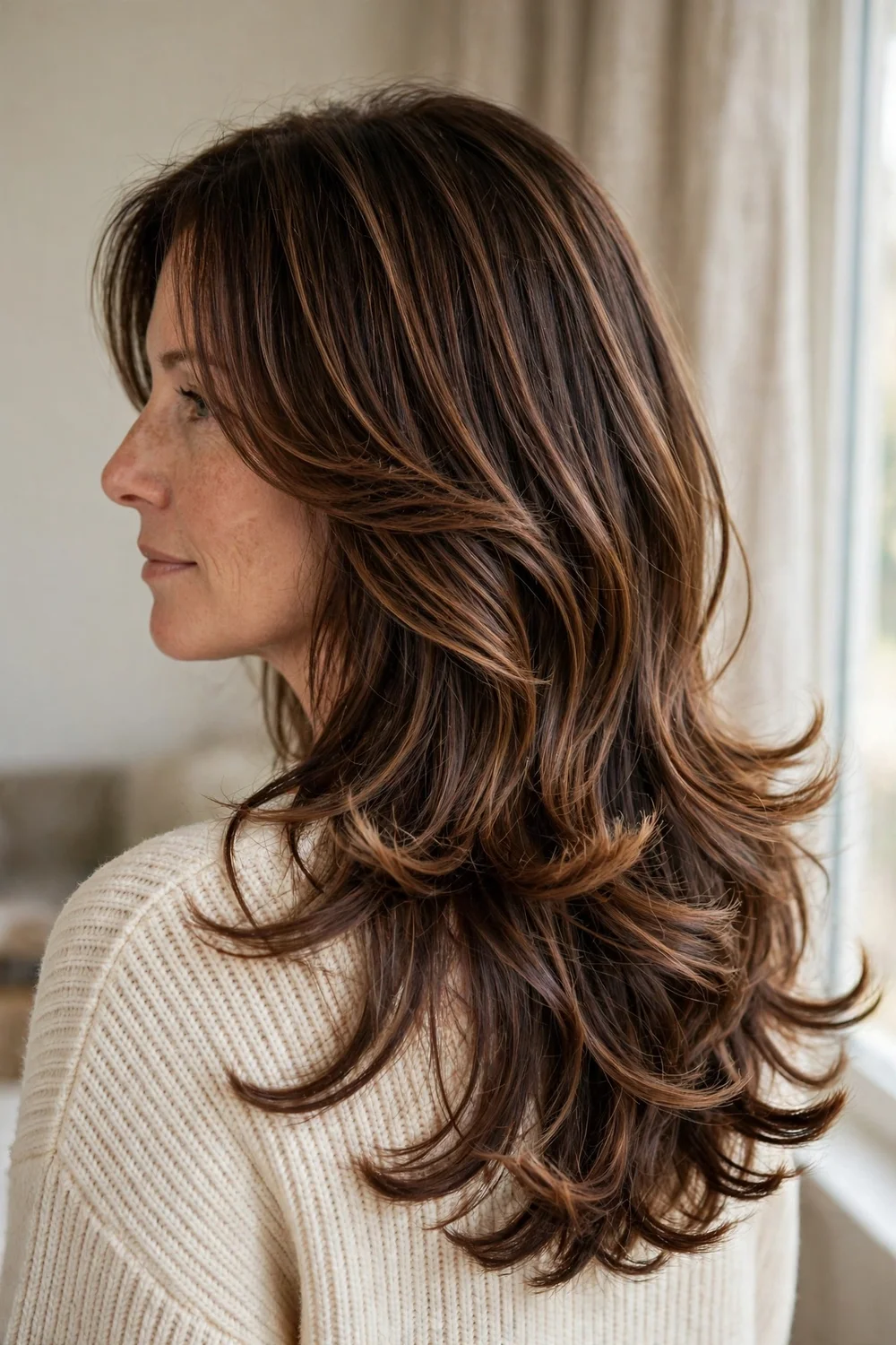 Woman with voluminous dark brown blowout and chocolate balayage