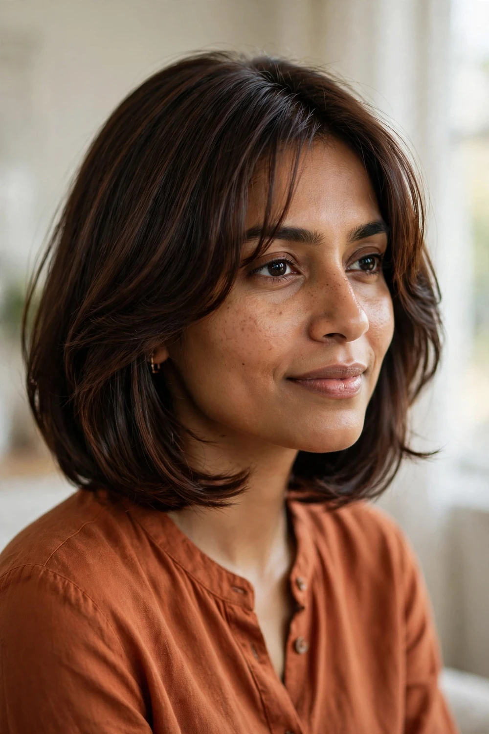 Chocolate brown layered bob with face-framing bangs