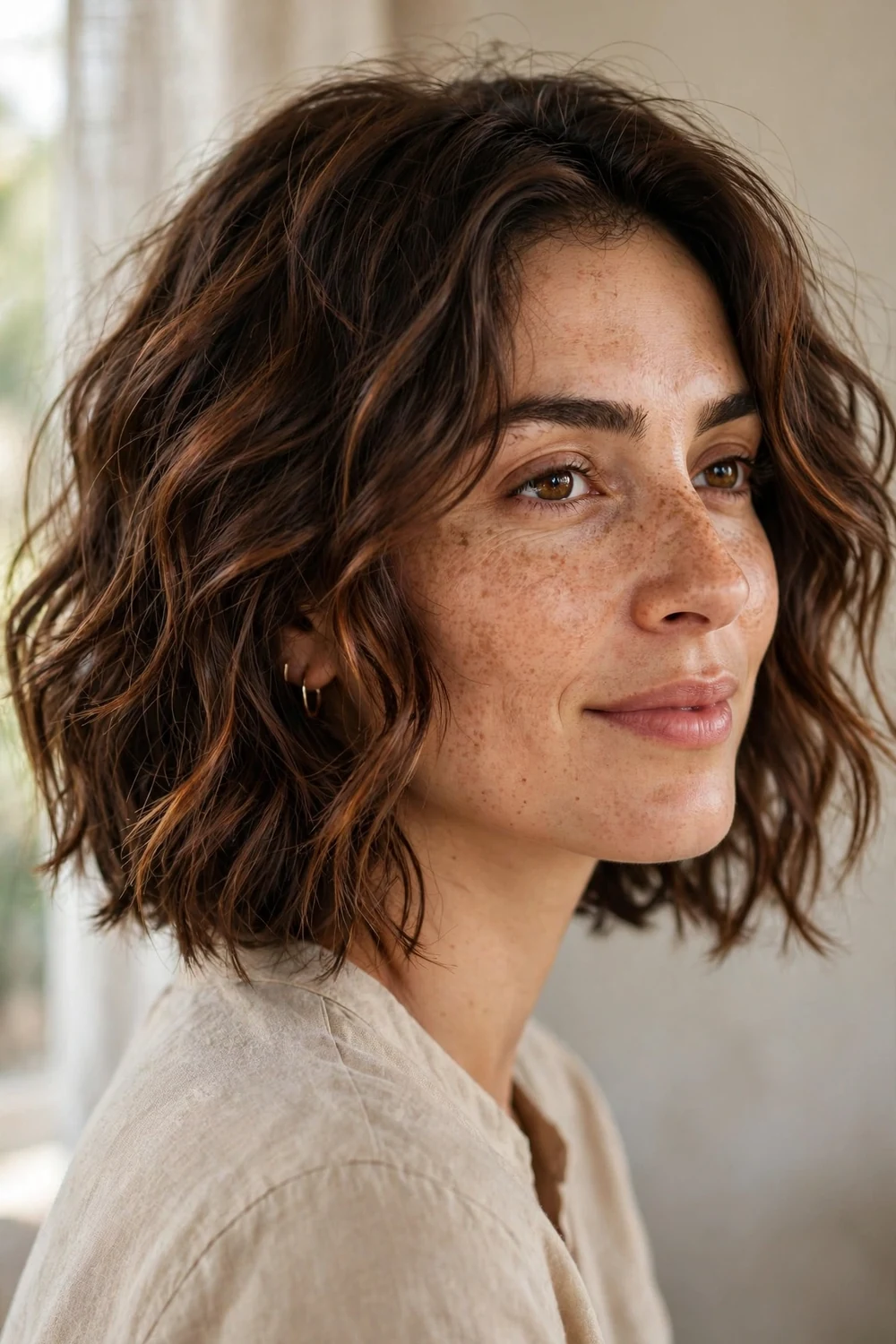 Chin-length tousled wavy bob in chocolate brown with cinnamon tones