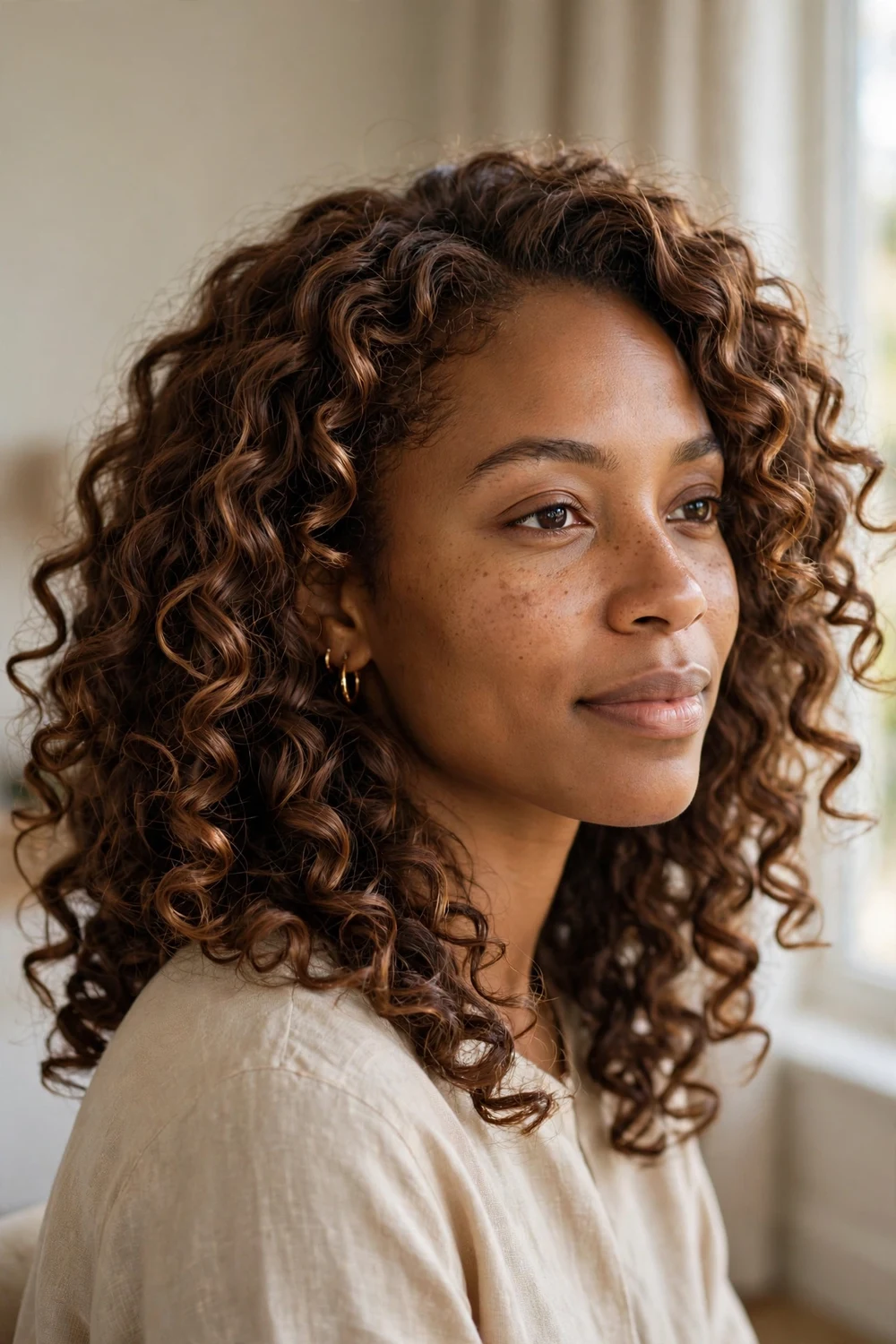 Woman with milk chocolate brown curly hair, bouncy defined curls