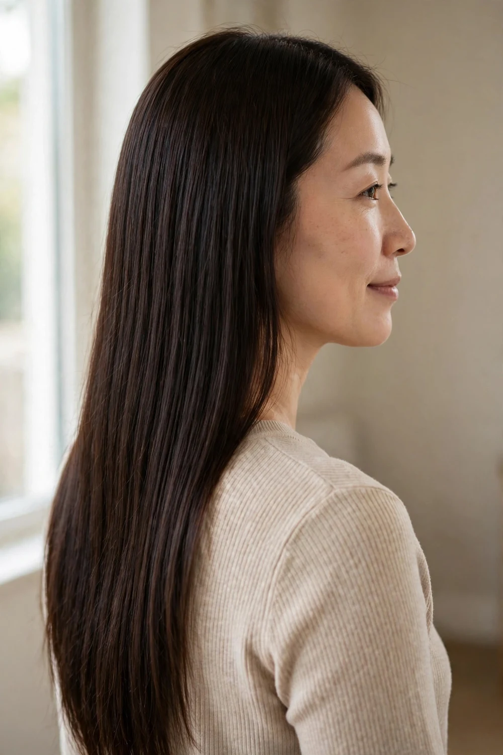 Woman with rich espresso brown hair, sleek straight long hair