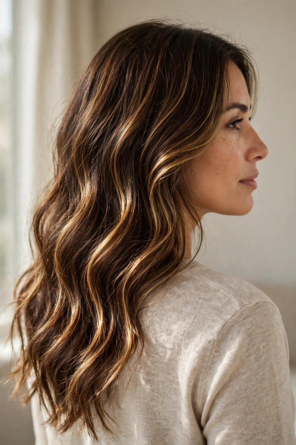Woman with chocolate brown hair and golden highlights in soft waves