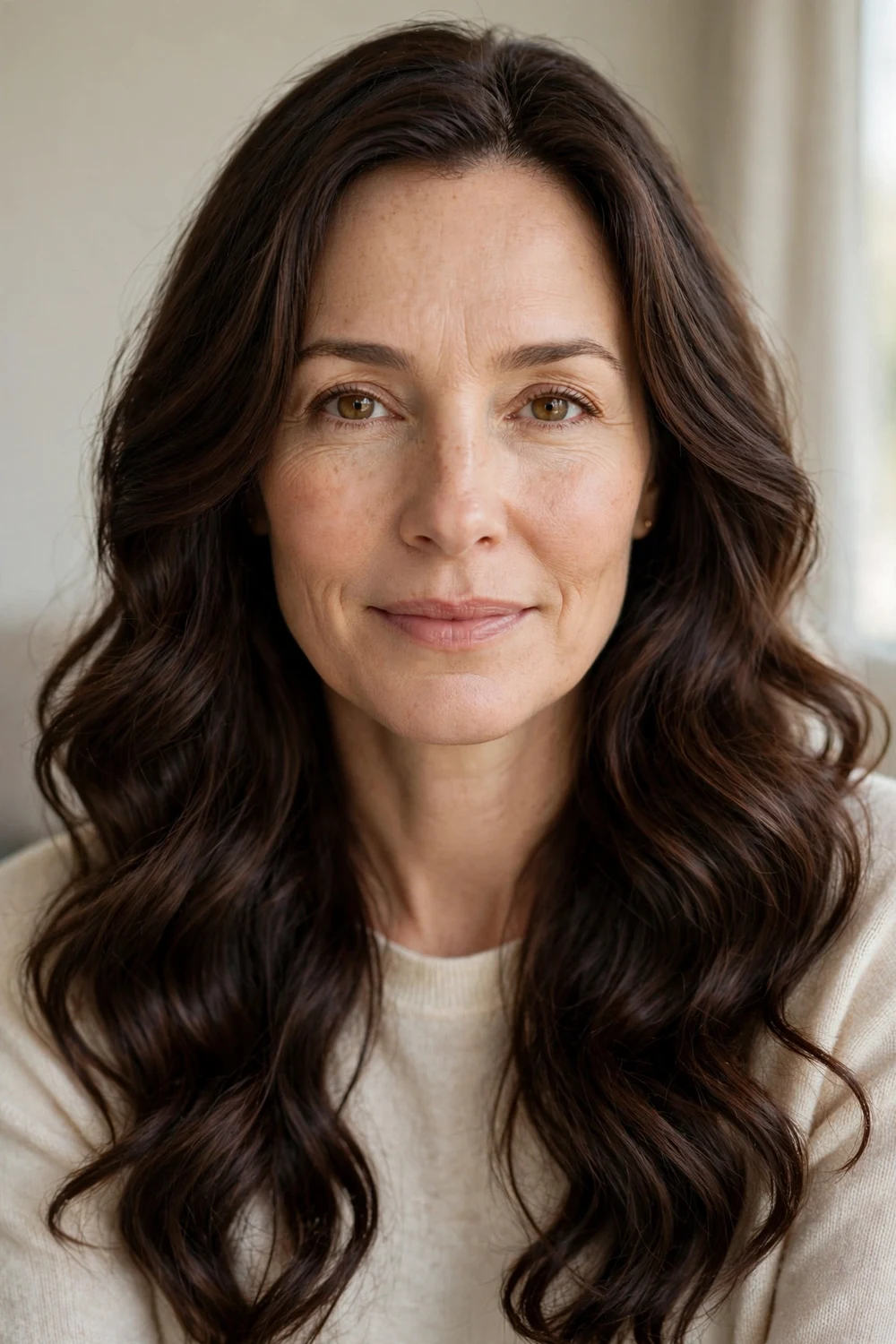 Woman with deep chocolate brown hair in soft cascading waves