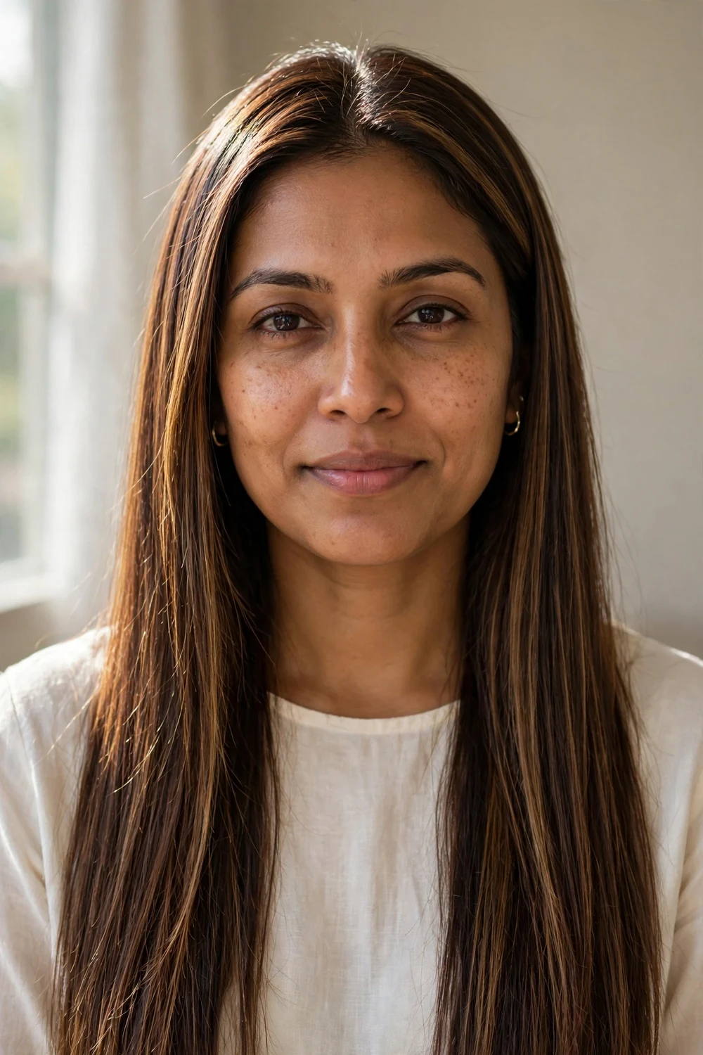 Woman with chocolate brown hair and subtle light brown highlights
