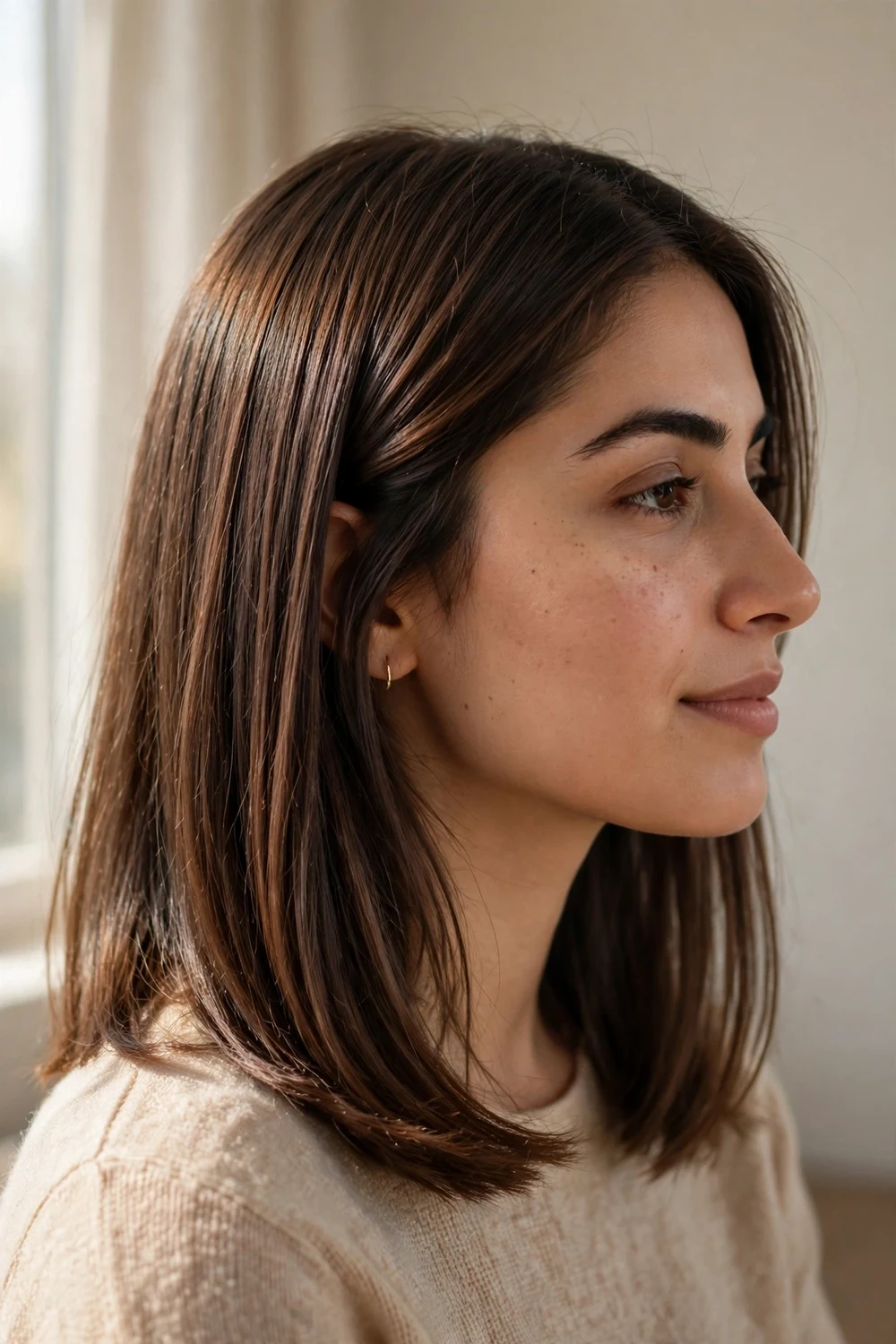 Woman with mocha toned chocolate brown hair, straight shoulder length cut