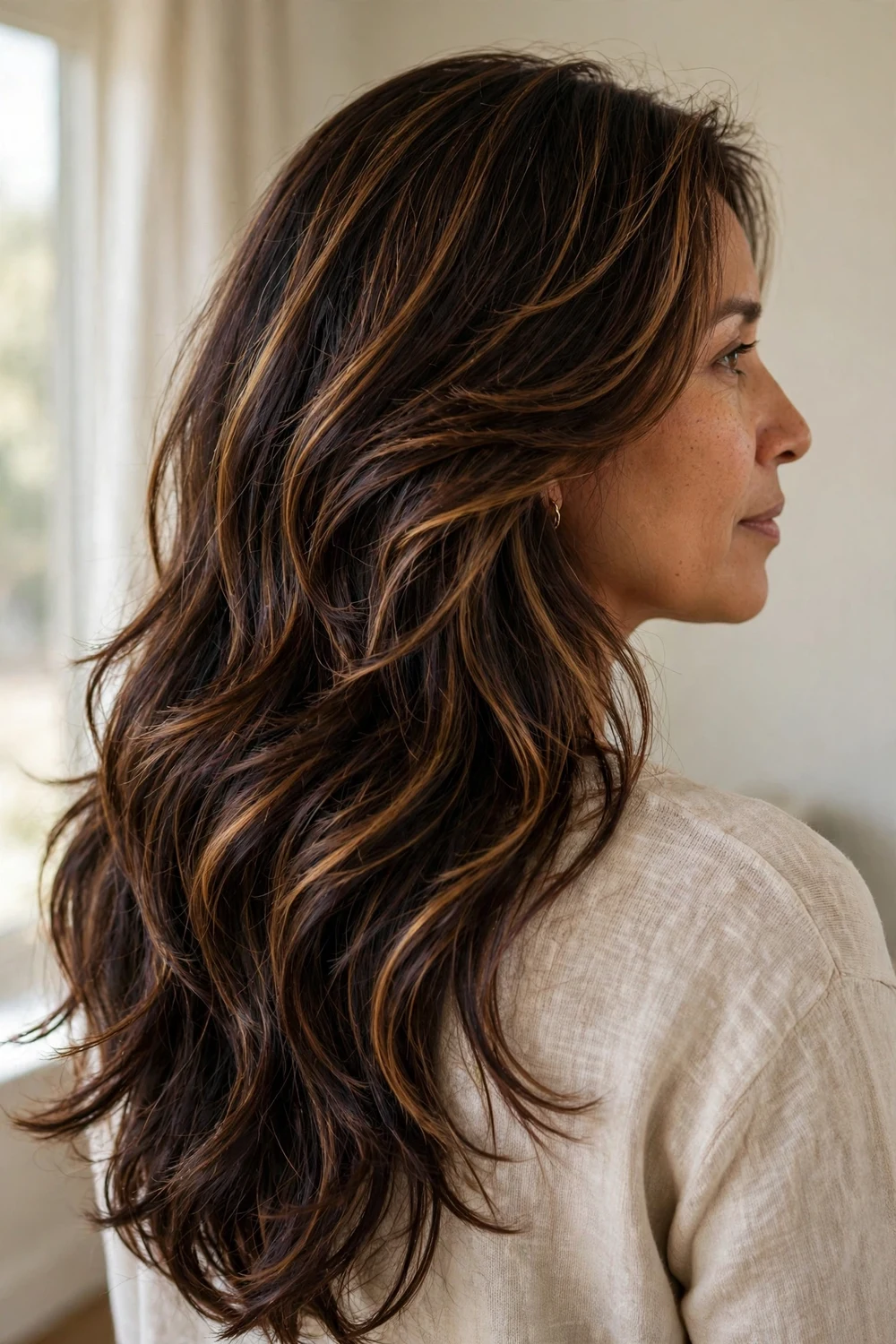 Woman with dark espresso hair and warm hazelnut highlight ribbons