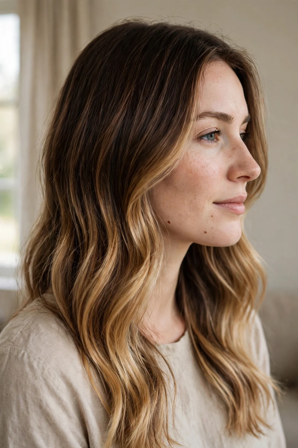Woman with cocoa butter balayage, chocolate brown with golden cocoa tones