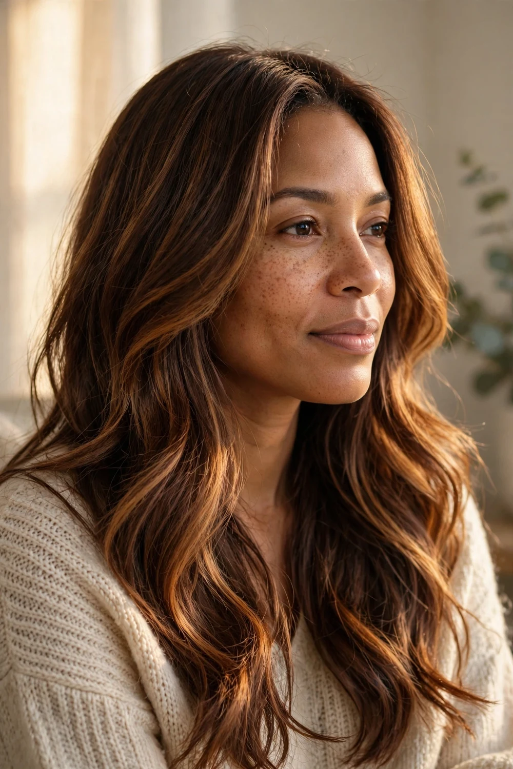 Woman with chocolate brown hair with melted caramel tones