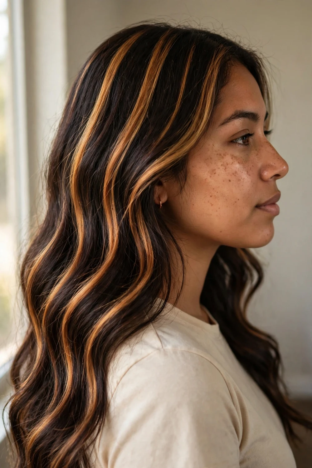 Woman with dark chocolate brown hair and bold caramel ribbons