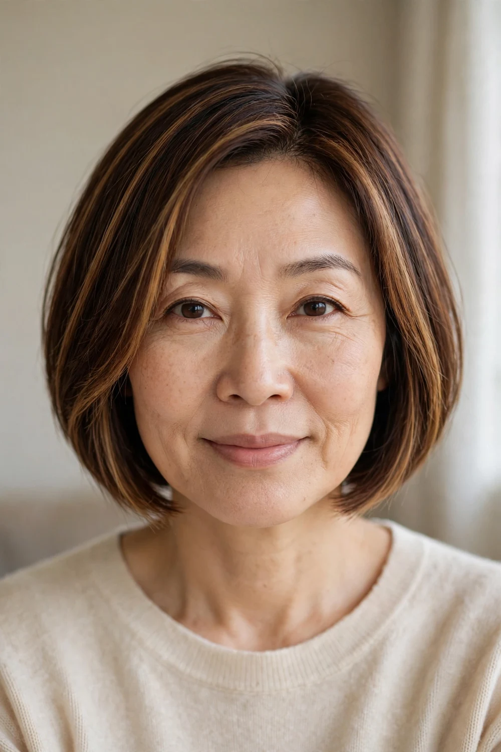 Woman with short bob haircut in chocolate brown with caramel highlights