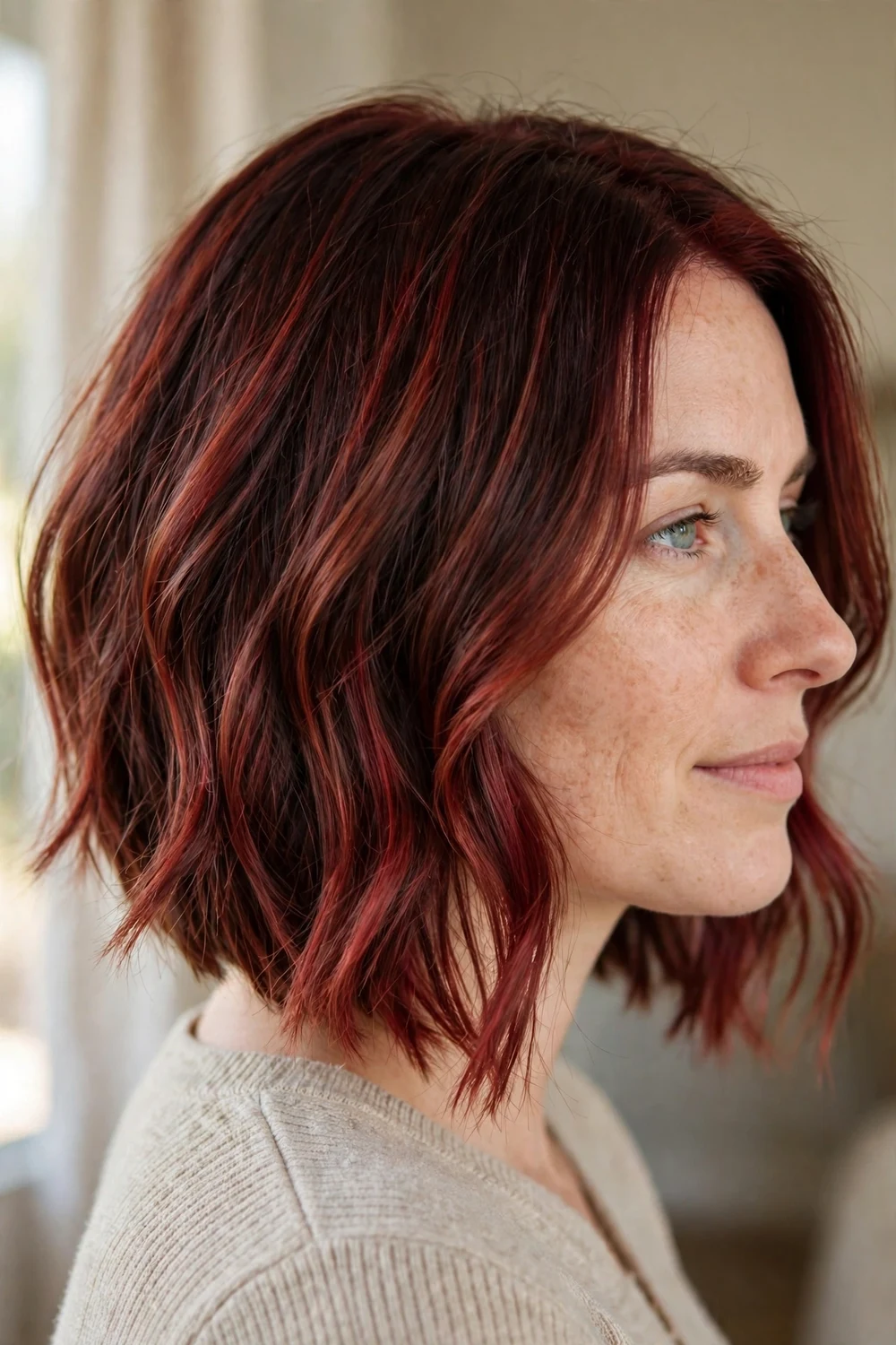 Woman with cherry chocolate balayage on an angled bob