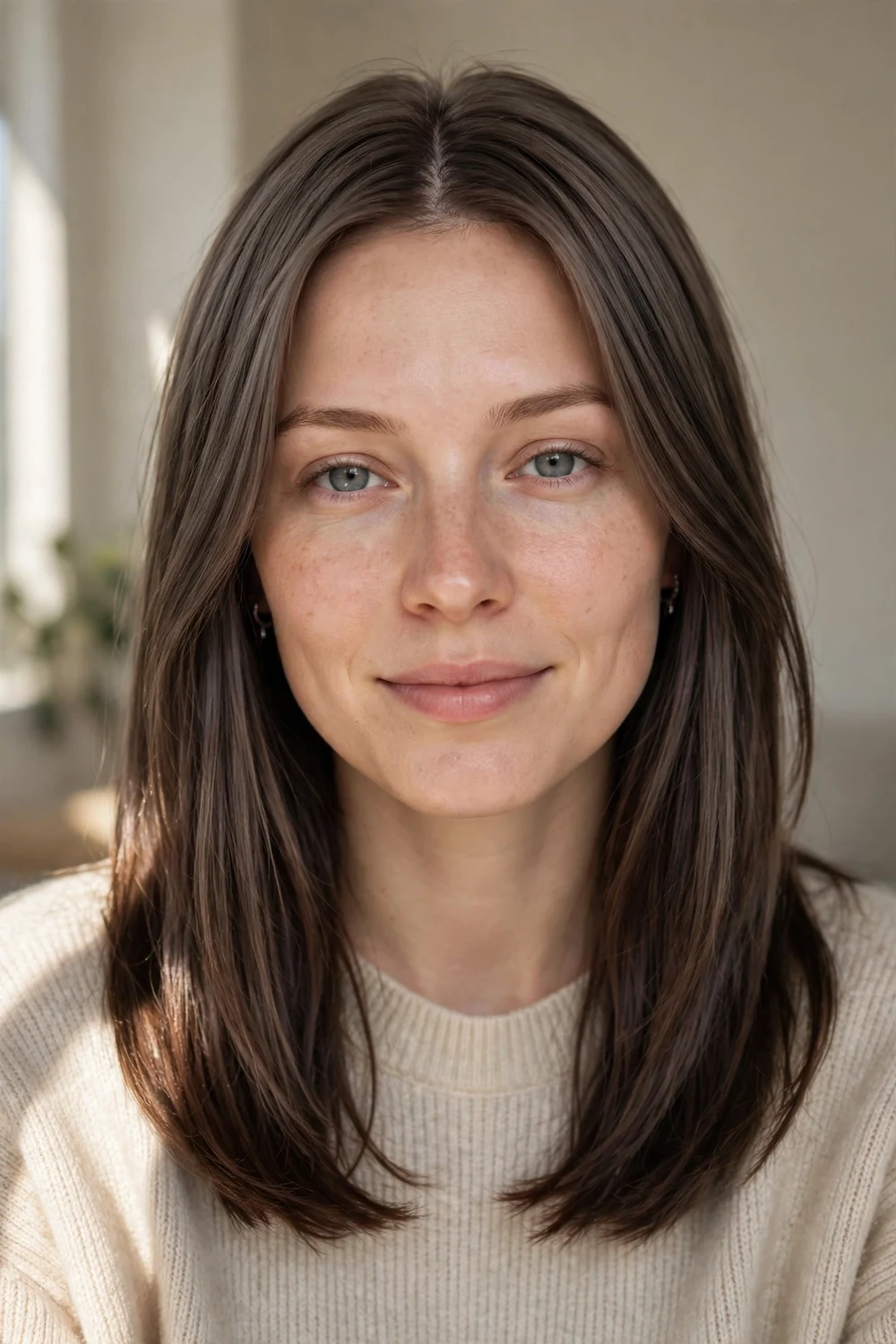 Woman with cool ash brown hair and chocolate lowlights