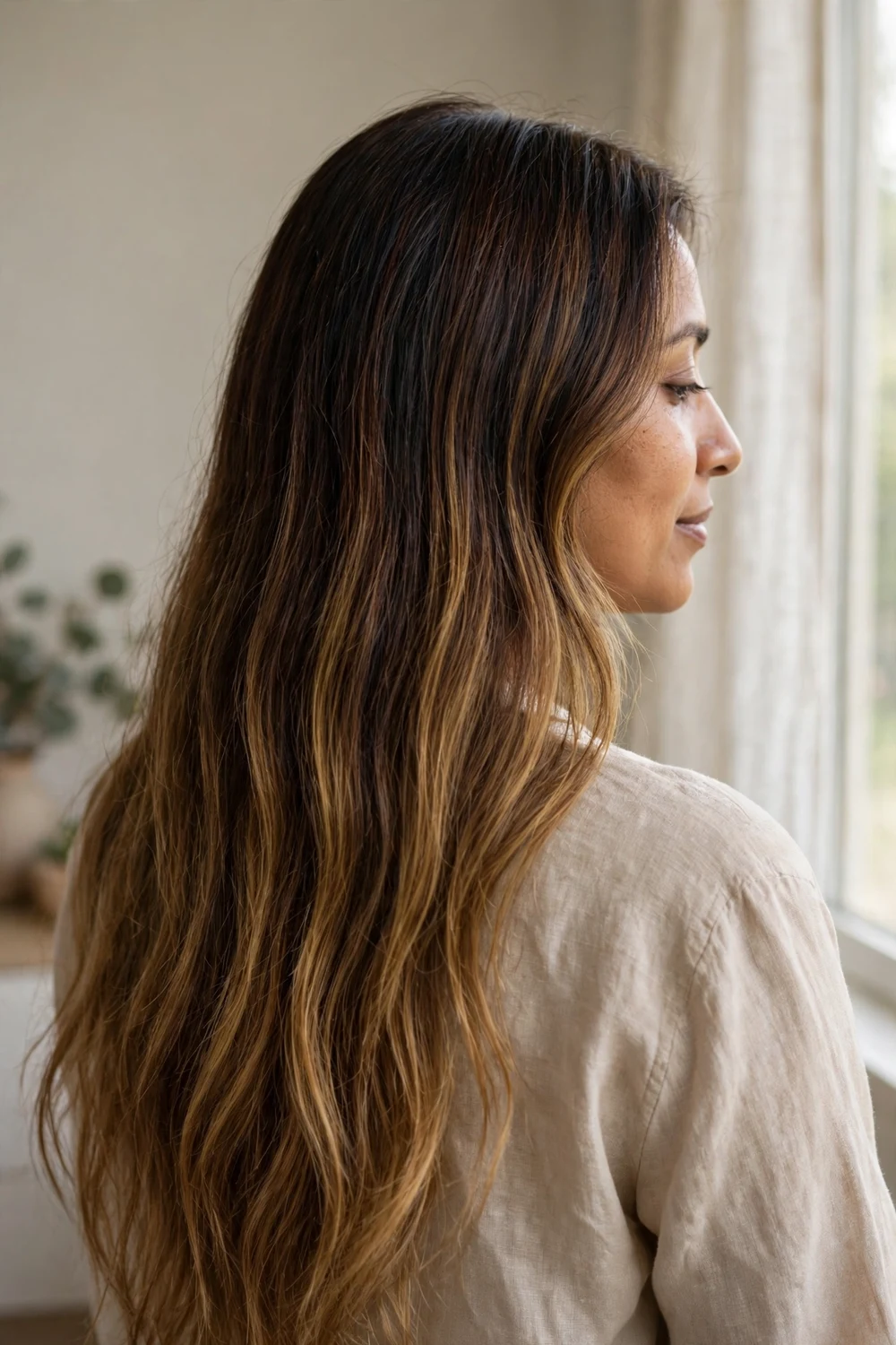 Woman with chocolate brown ombre, dark roots fading to lighter ends