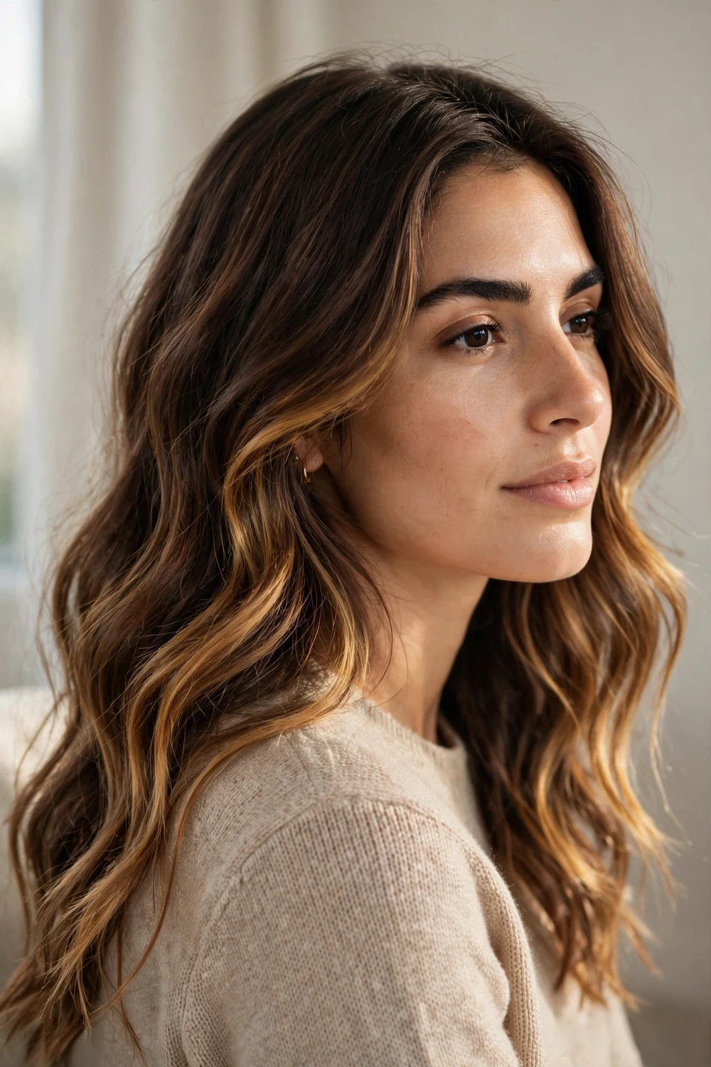Woman with warm chocolate brown balayage and honey highlights