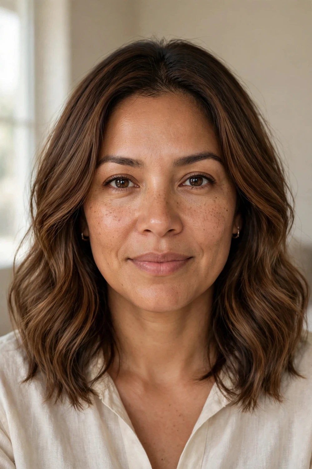 Woman with light chocolate brown hair, soft medium brown shade