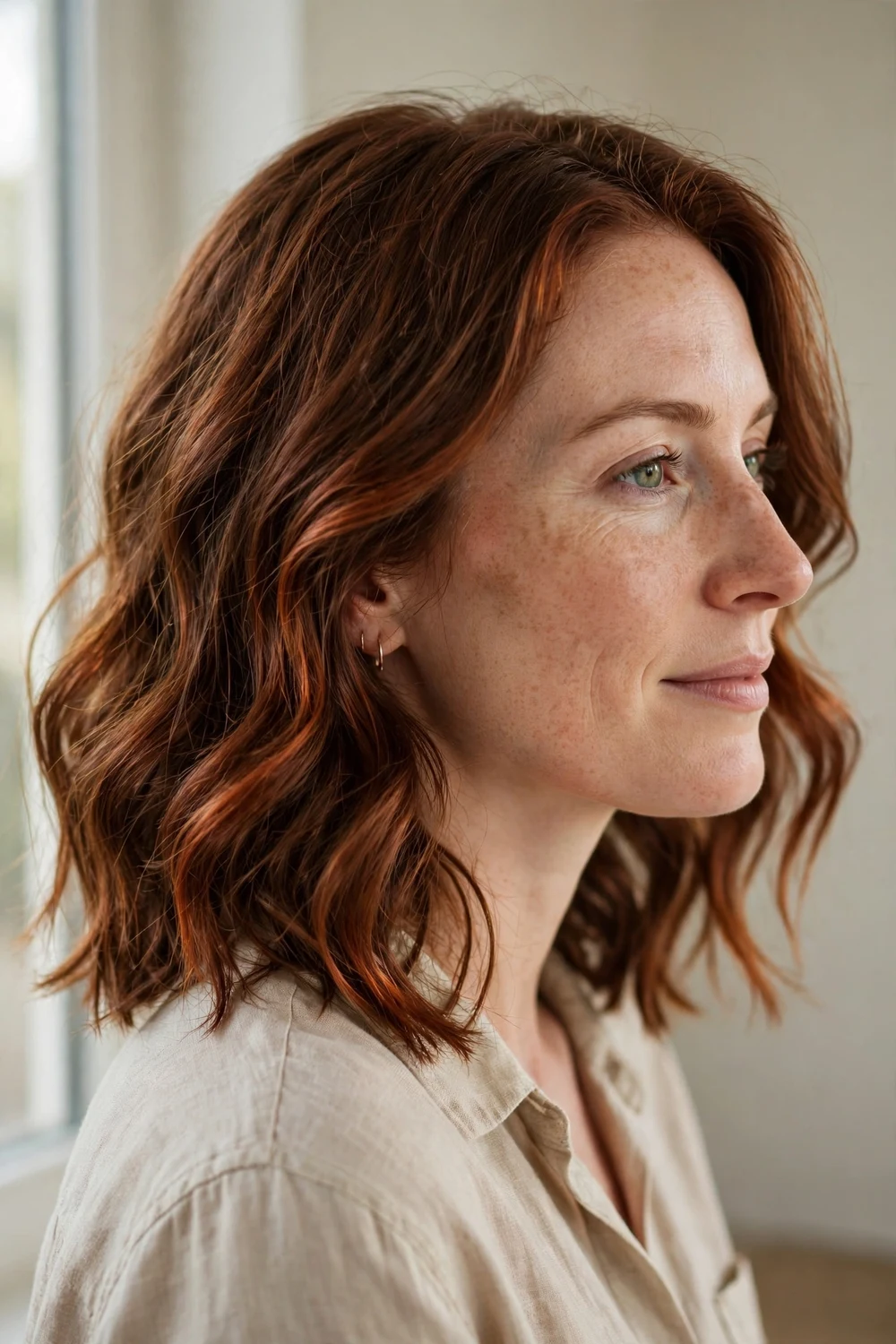 Woman with auburn chocolate brown hair, warm reddish brown shade