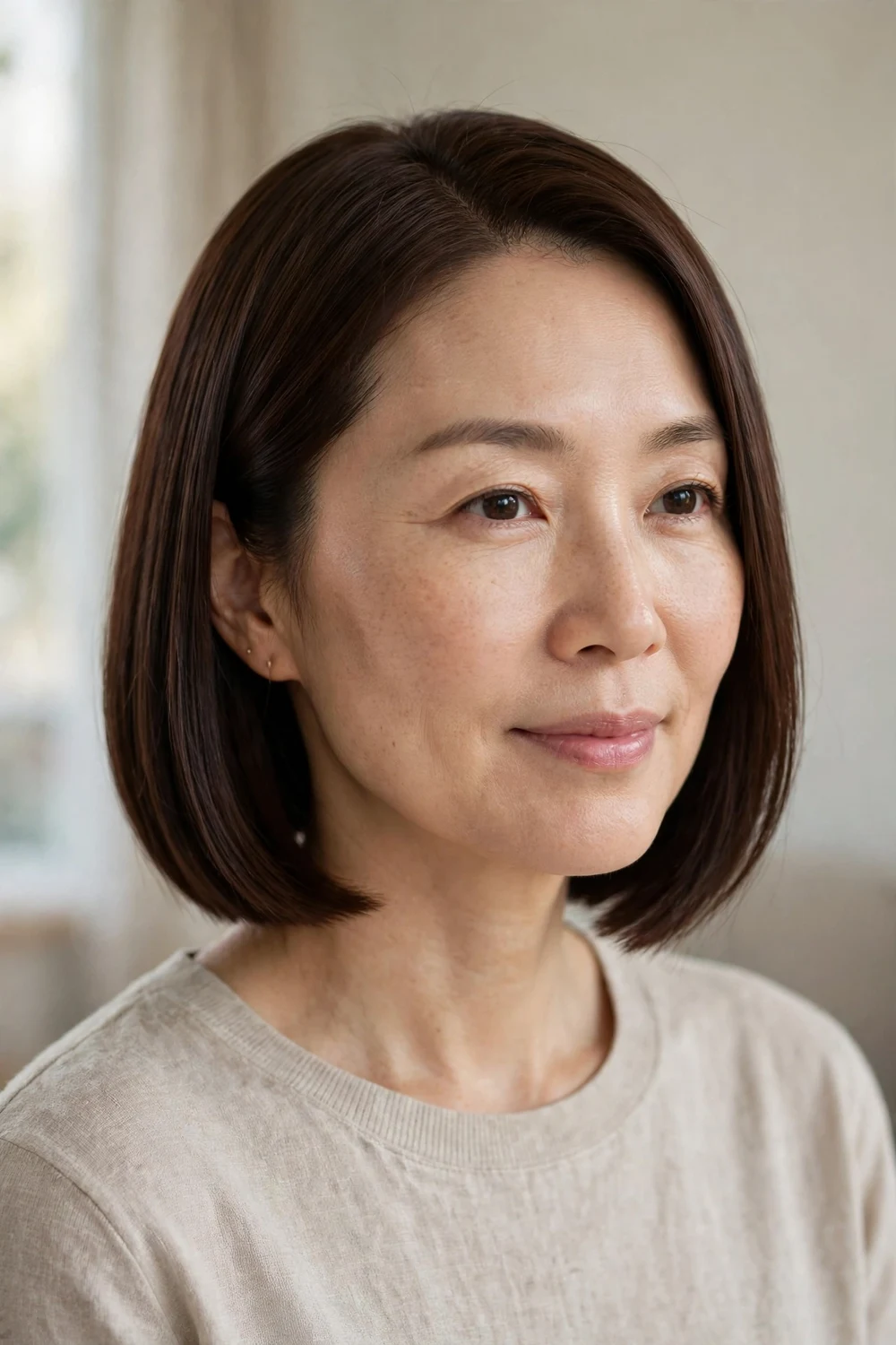 Woman with sleek straight chocolate brown bob haircut