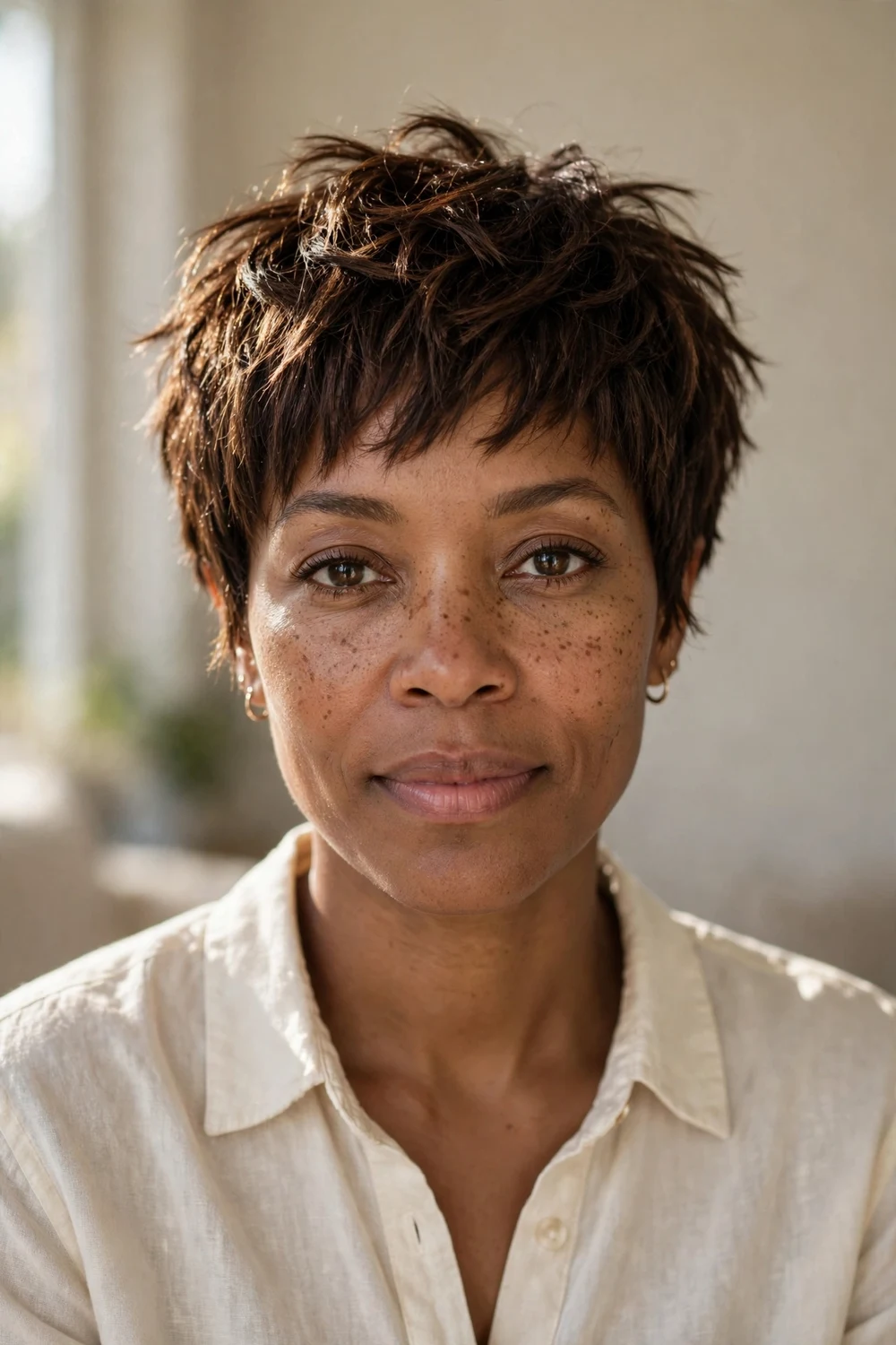 Woman with chocolate brown textured pixie haircut