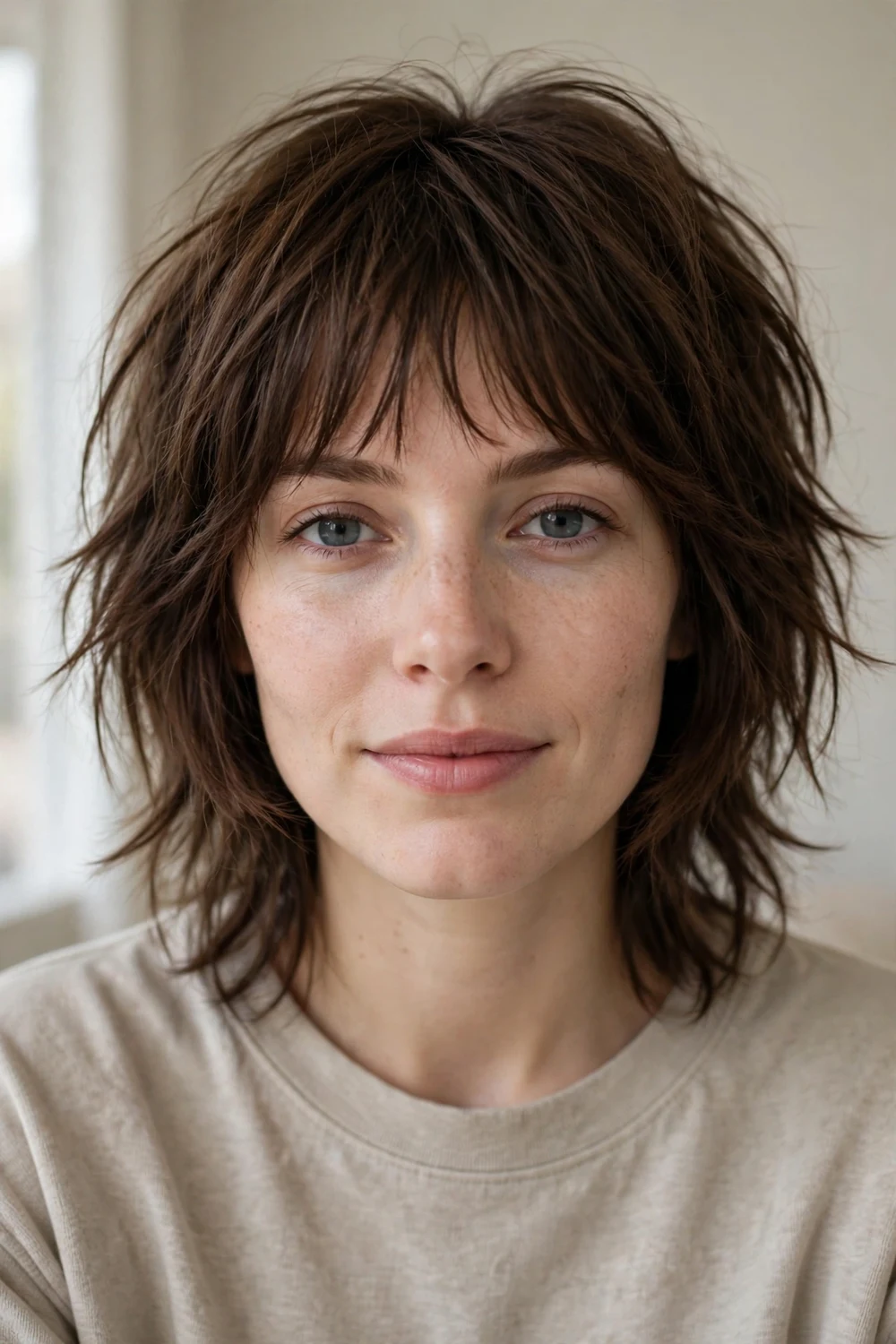 Woman with chocolate brown shag haircut and wispy bangs