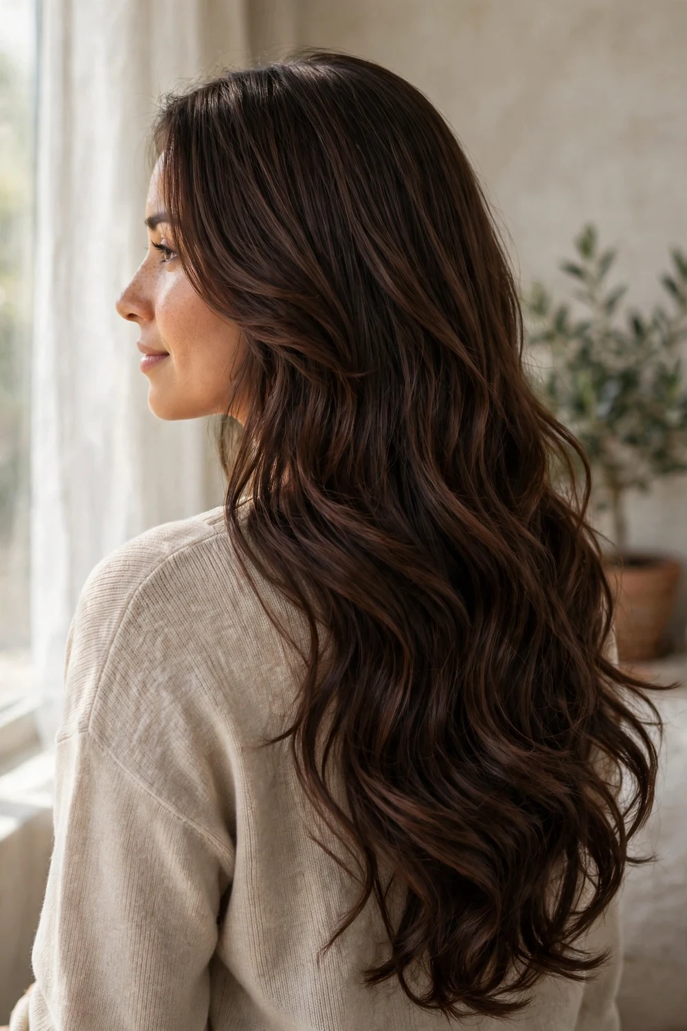 Woman with long layered chocolate brown hair in flowing waves
