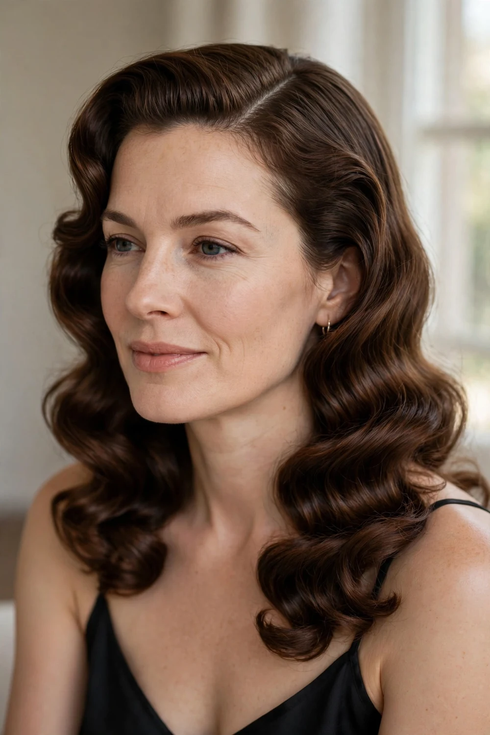 Woman with chocolate brown vintage Hollywood curls