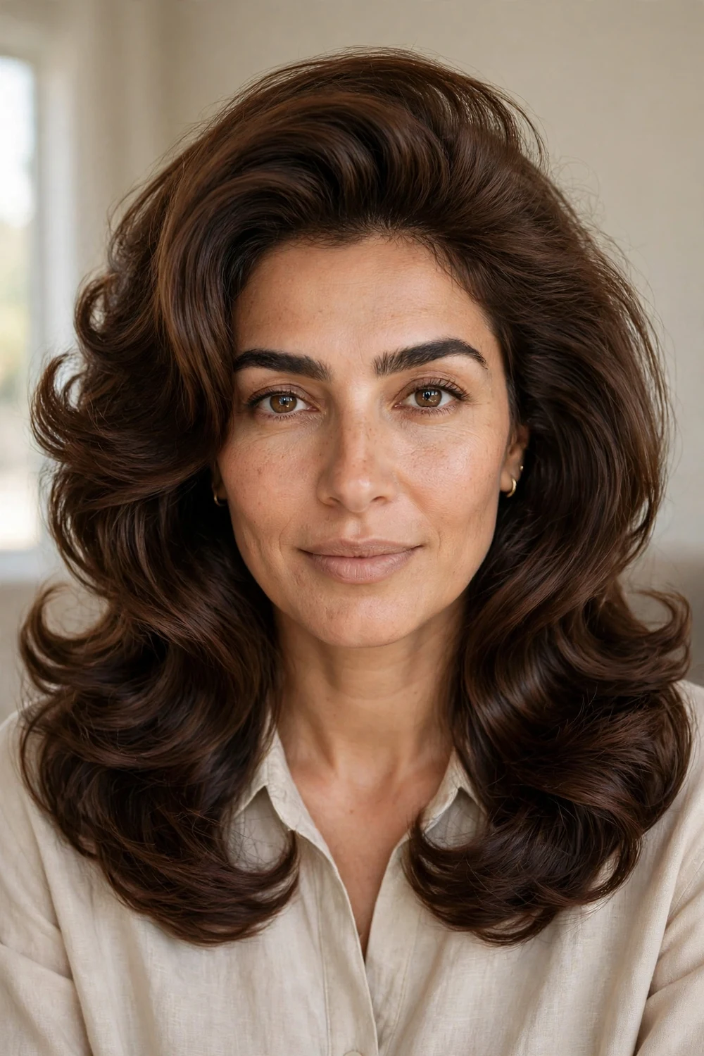 Woman with voluminous chocolate brown blowout hairstyle