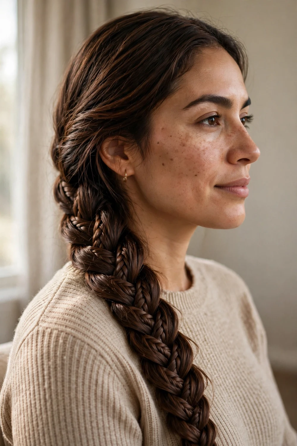 Woman with chocolate brown hair in a fishtail braid