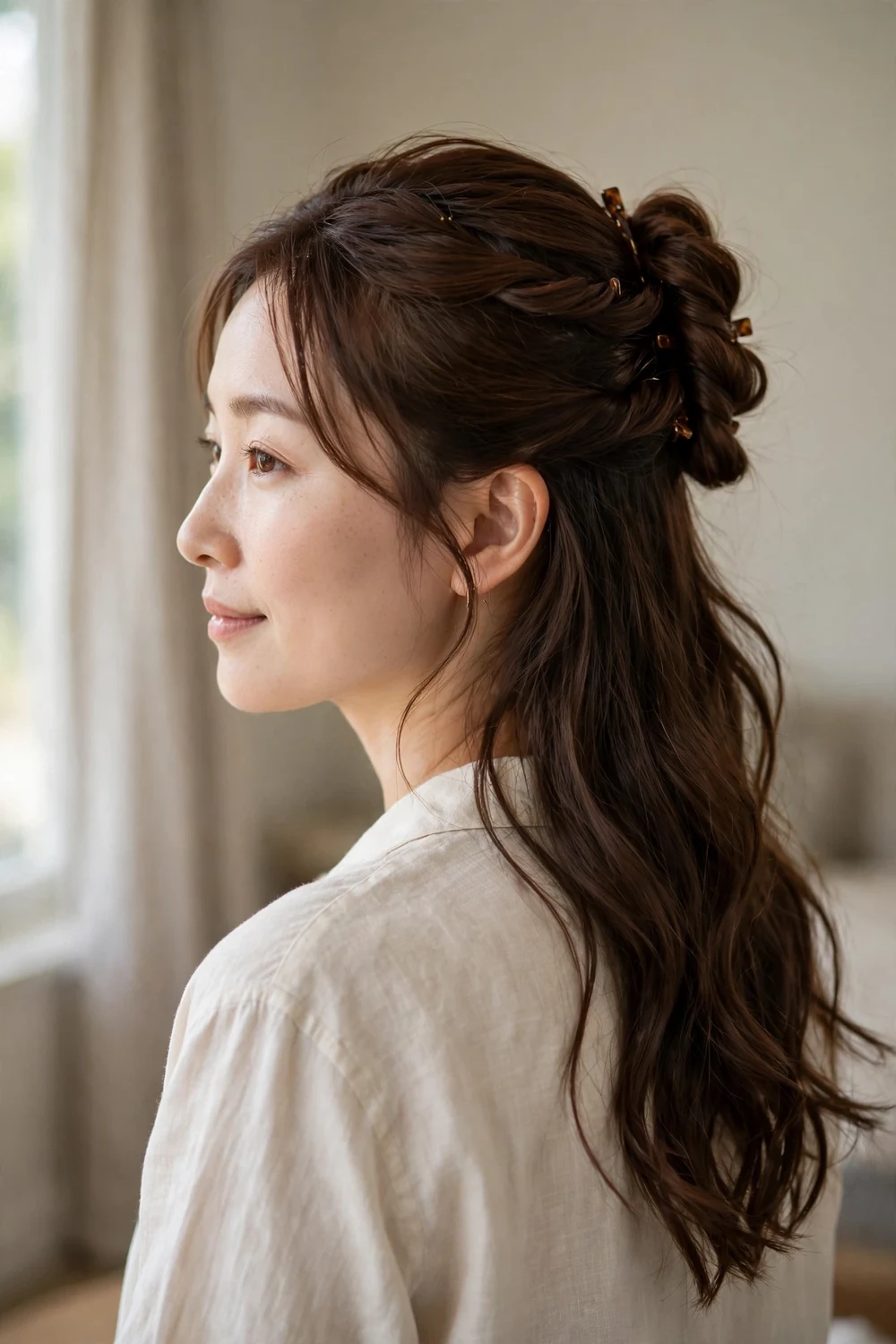 Woman with chocolate brown twisted half updo hairstyle