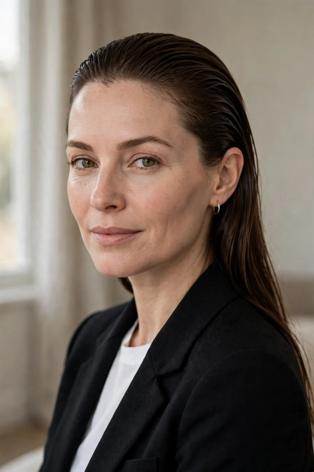 Woman with slicked back chocolate brown hair