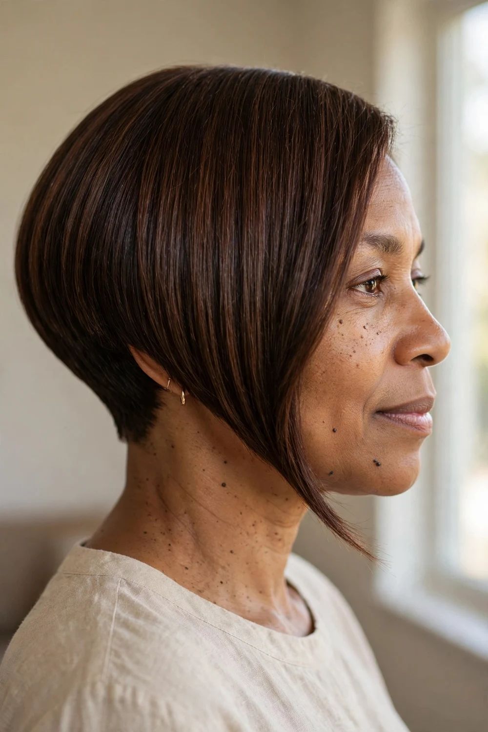 Woman with chocolate brown angled bob haircut