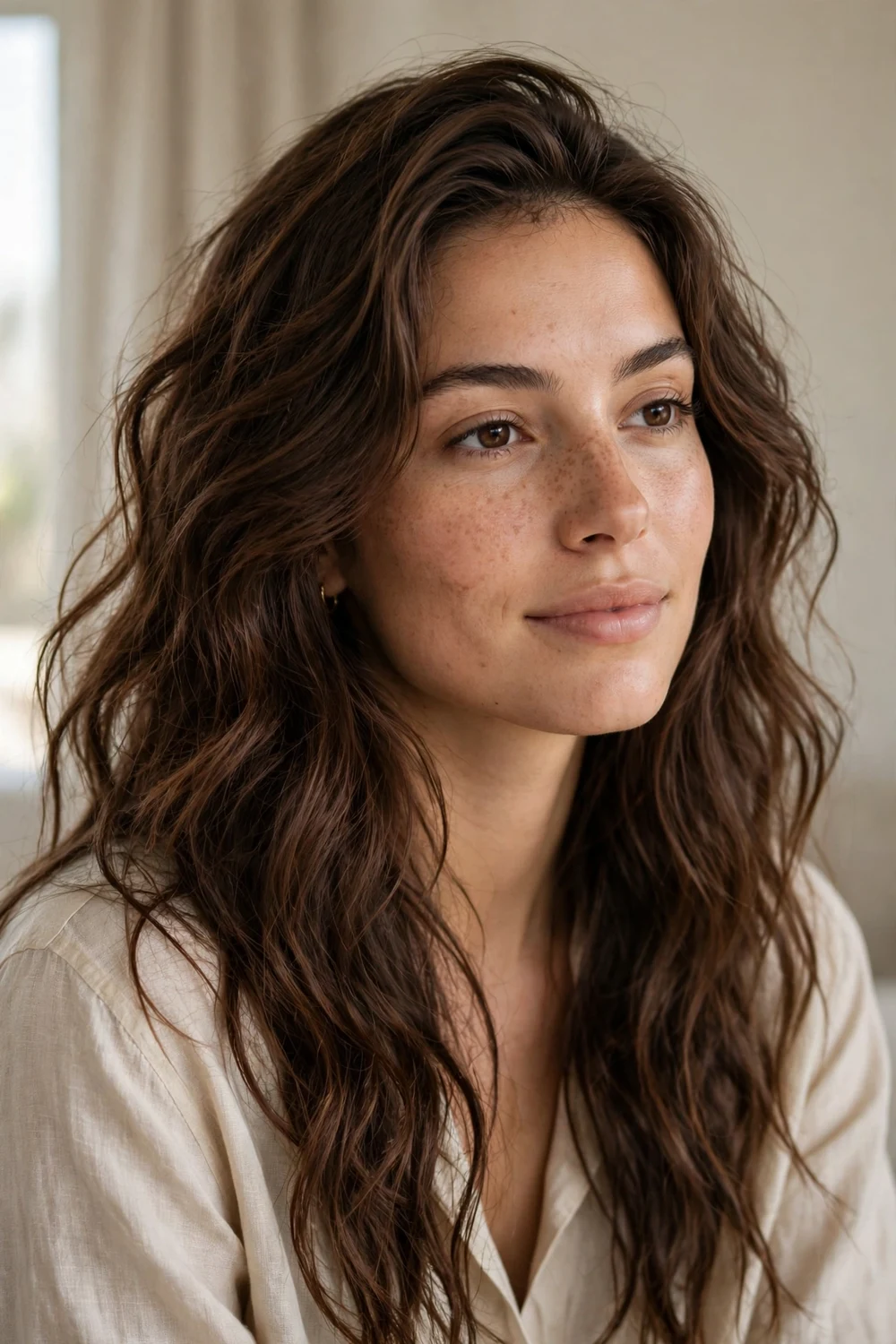 Woman with chocolate brown hair in tousled beach waves
