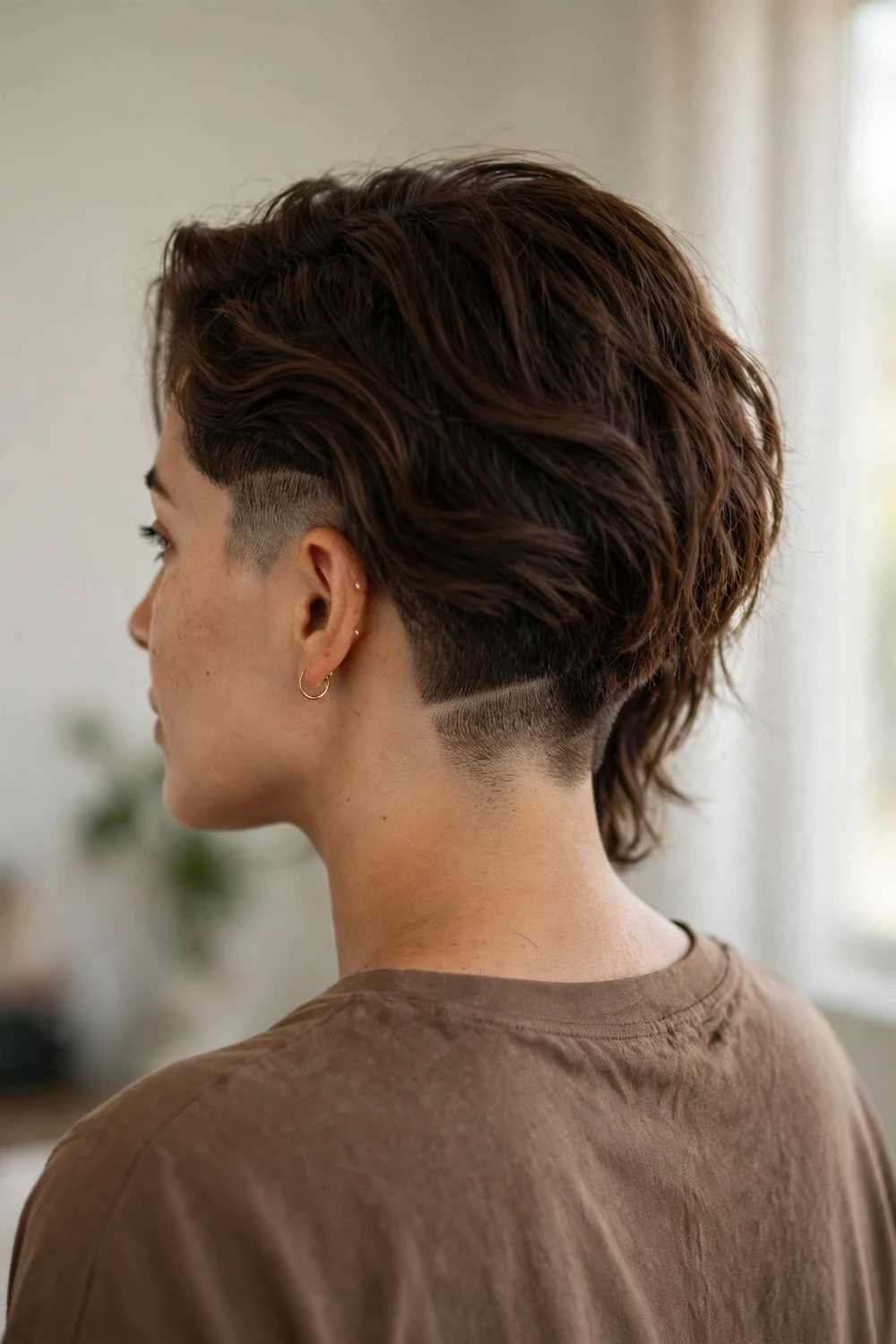 Woman with chocolate brown hair and an edgy undercut