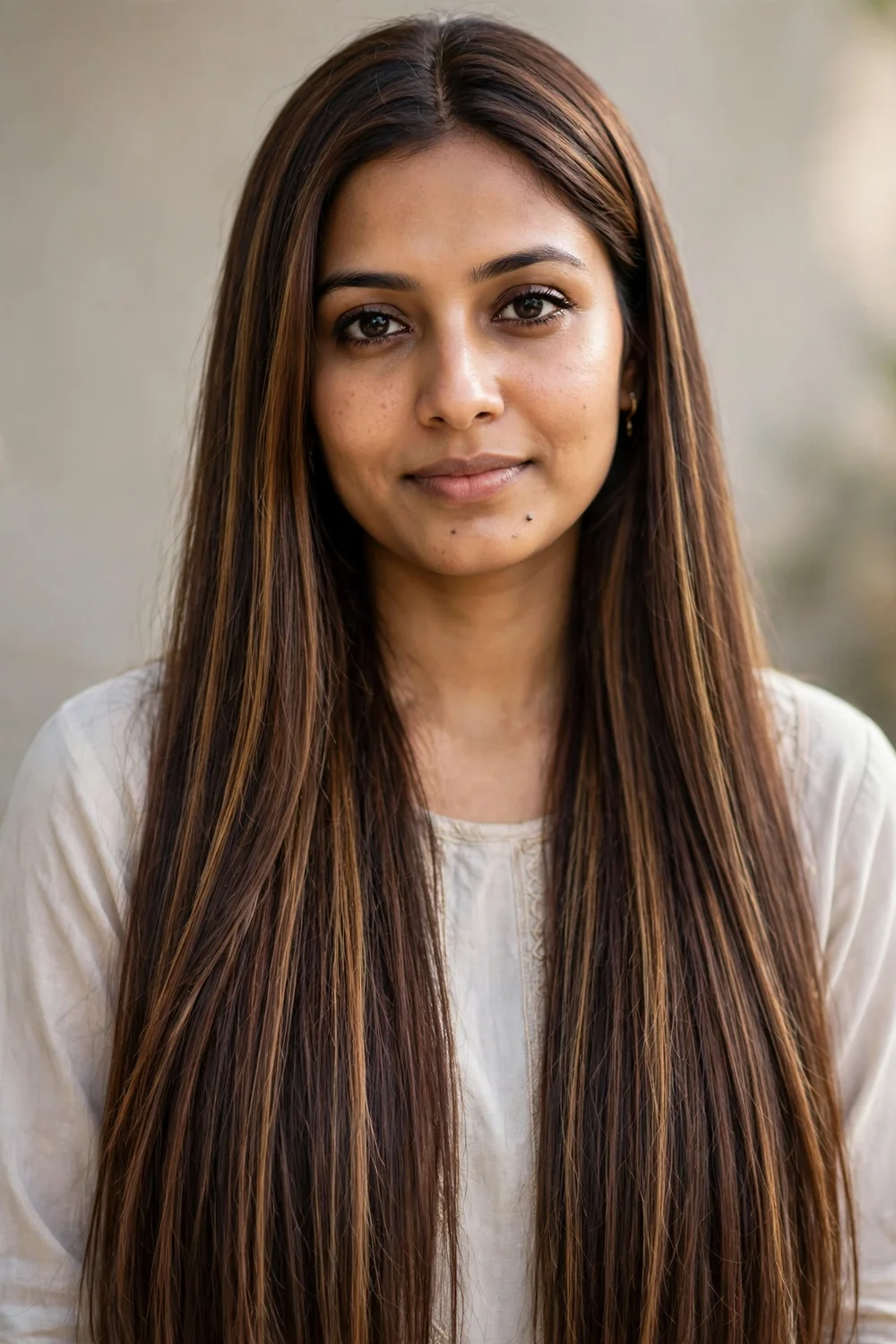 Woman with long chocolate brown hair, spaced toasty warm highlight pieces through the lengths, natural daylight