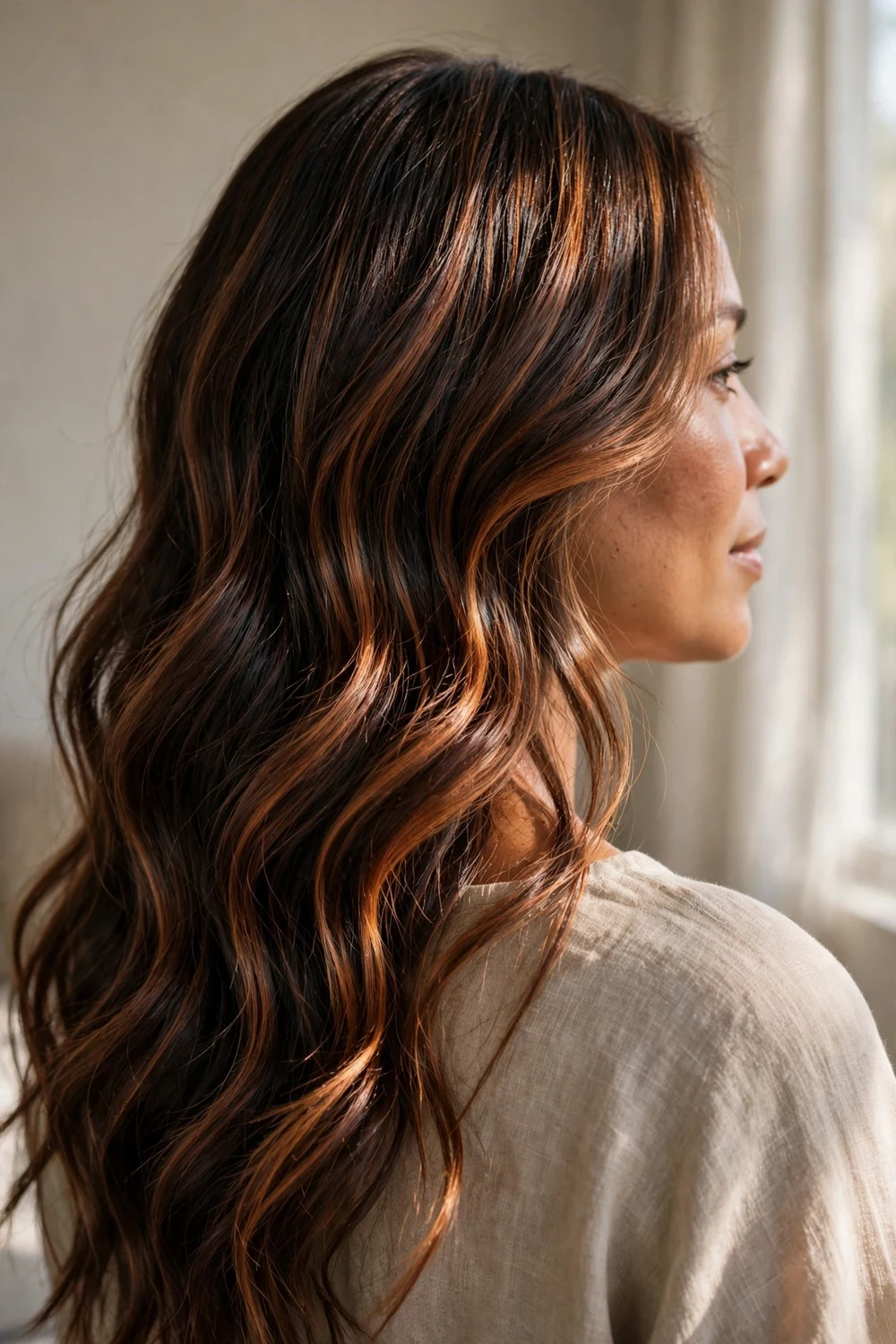 Chocolate mocha brown hair with luminous cinnamon highlight ribbons