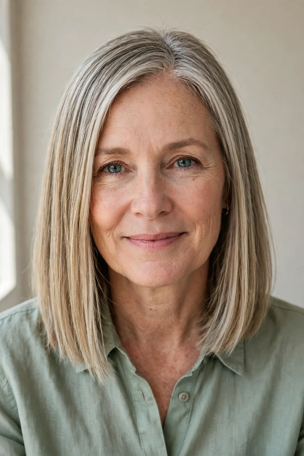 Woman with fine straight hair in a blunt shoulder-length cut