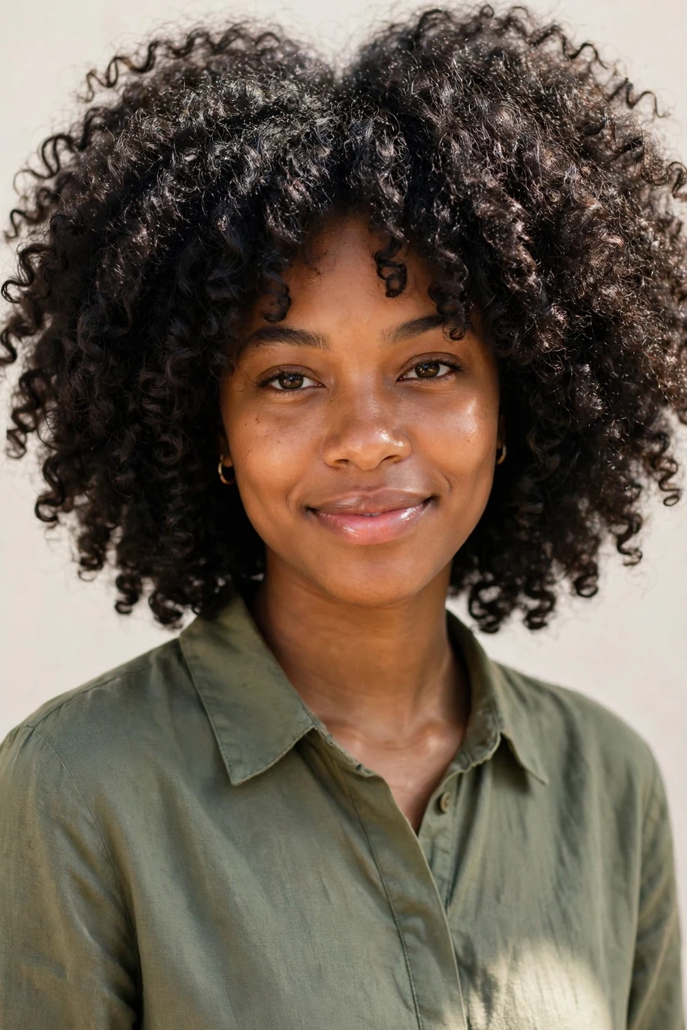 Woman with thick curly hair in a layered cut with defined curls