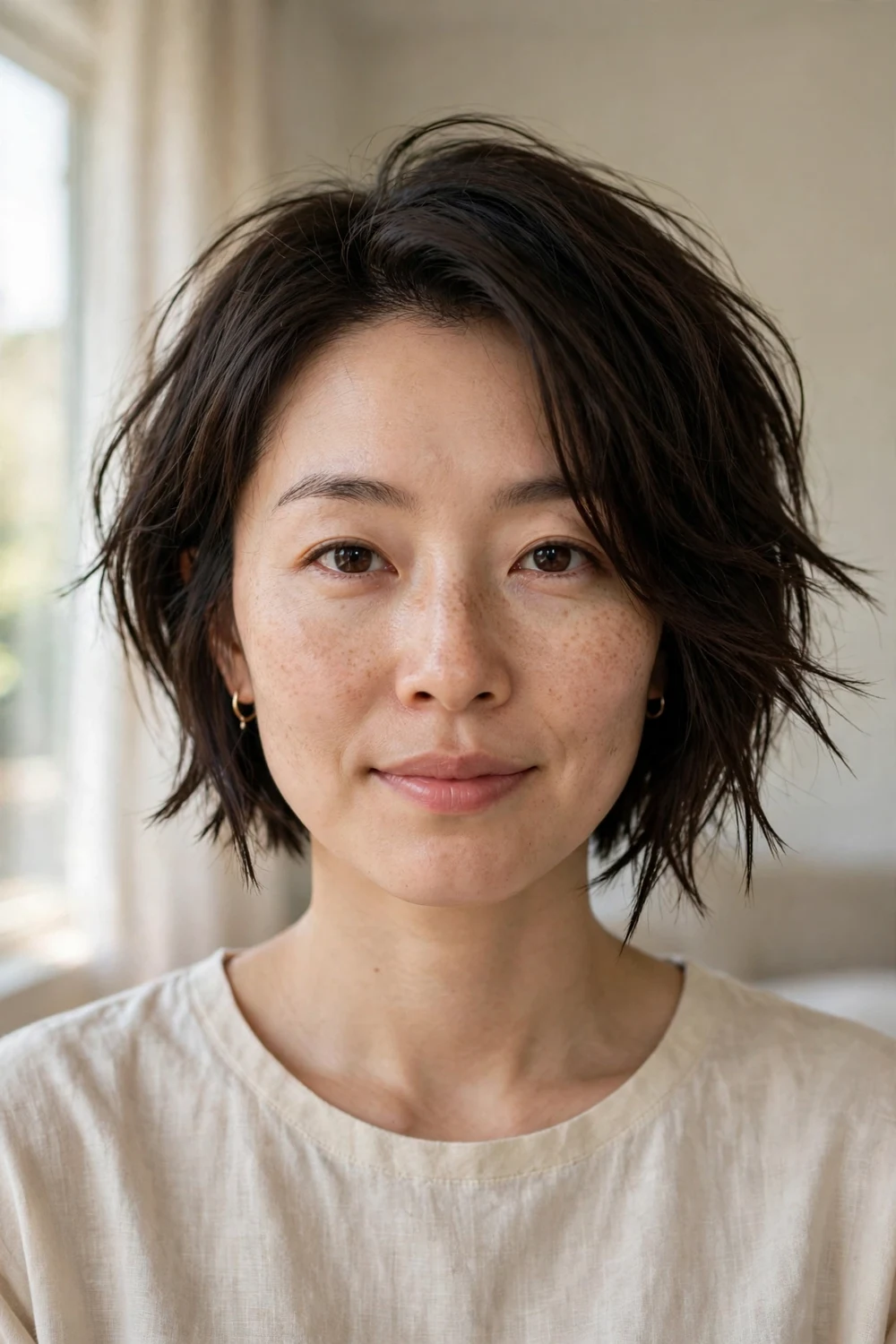 Choppy angled bob on a woman with a round face, dark brown hair with jagged piecey ends